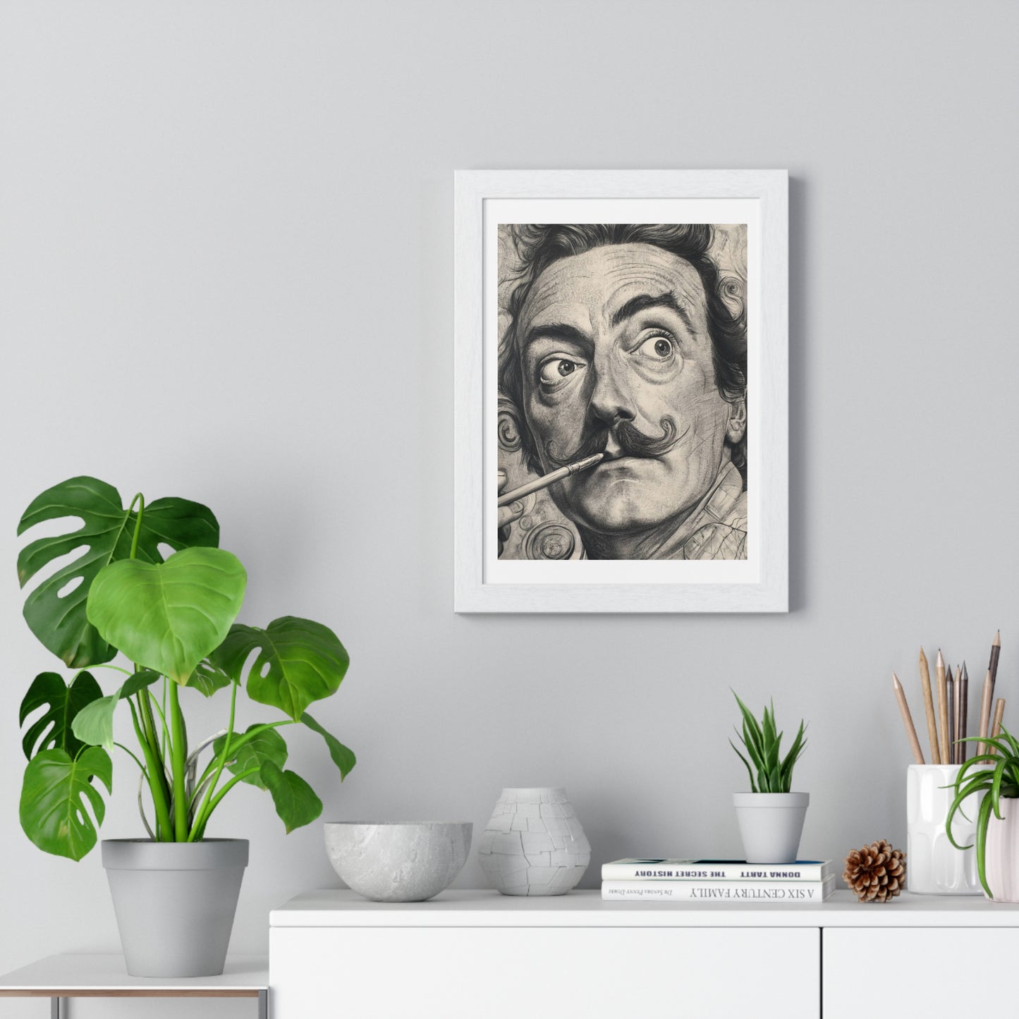 Salvador Dali Portrait, Pencil Sketch 'Designed by AI' Framed Art Print