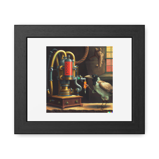 An Experiment On A Bird In The Air Pump Beside A Robot Machine In The Style Of Joseph Wright 'Designed by AI' Wooden Framed Print