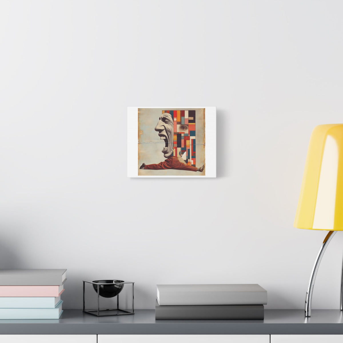 Stretched Canvas Wall Art: Surreal Geometric Face and Acrobat Collage