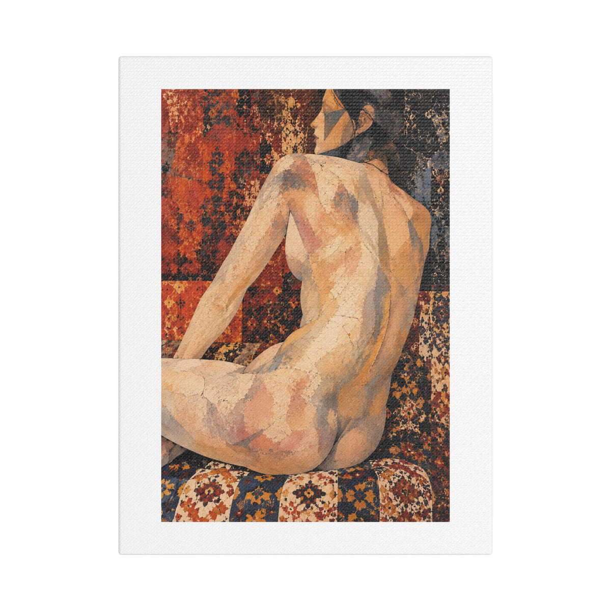 Abstract Mosaic Nude on Ornate Tapestry, Art Print on Satin Canvas, Stretched