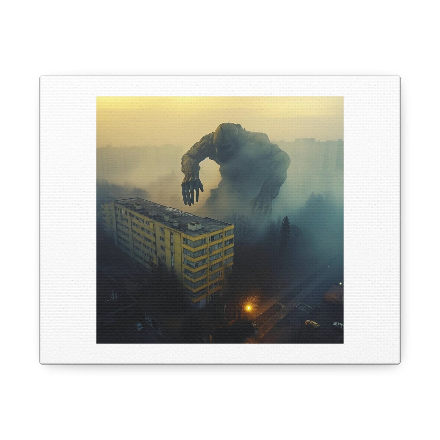 Giant Probing Into a Dystopian Brutalist Concrete City 'Designed by AI' Art Print on Canvas