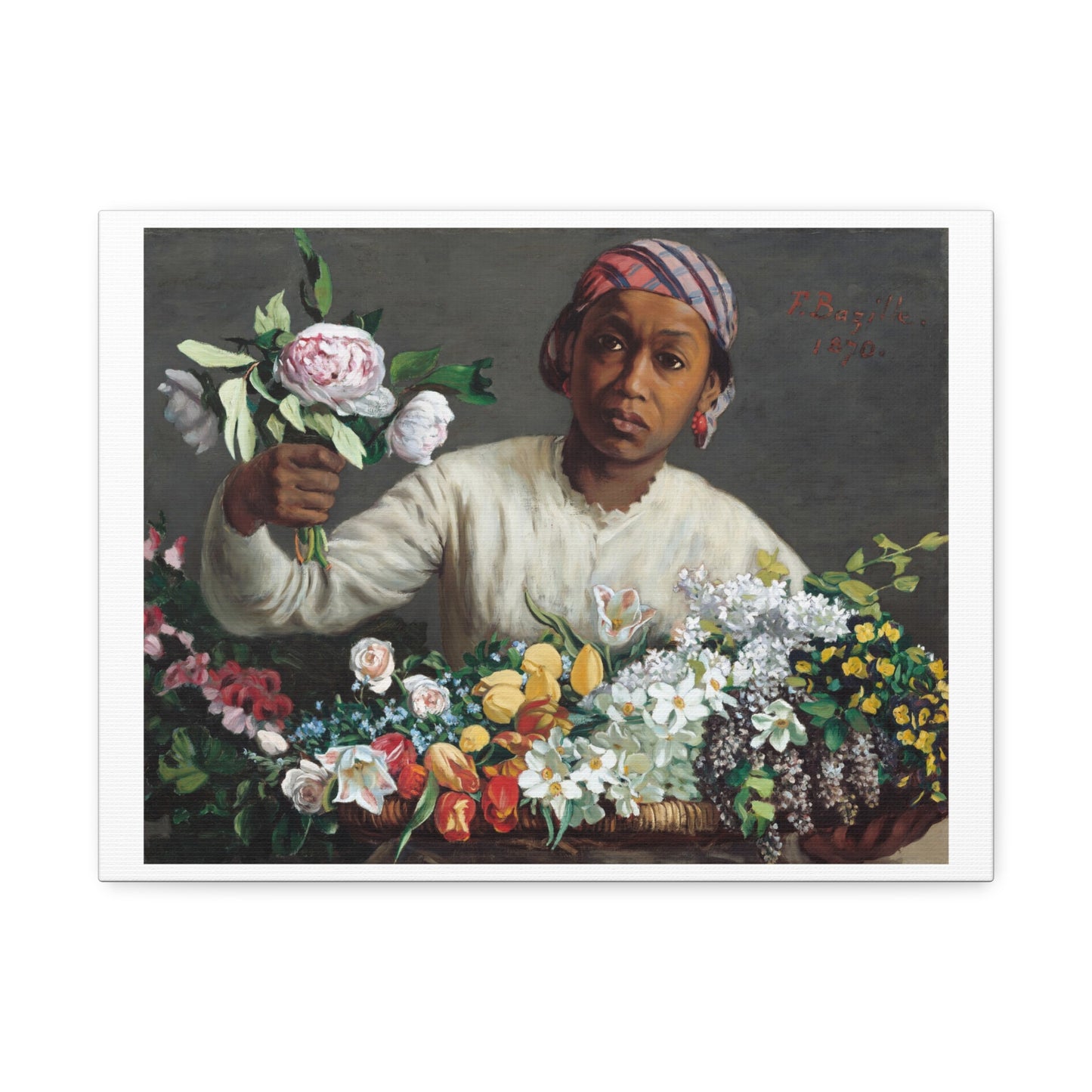 Young Woman with Peonies (1870) by Frédéric Bazille from the Original, Art Print on Canvas