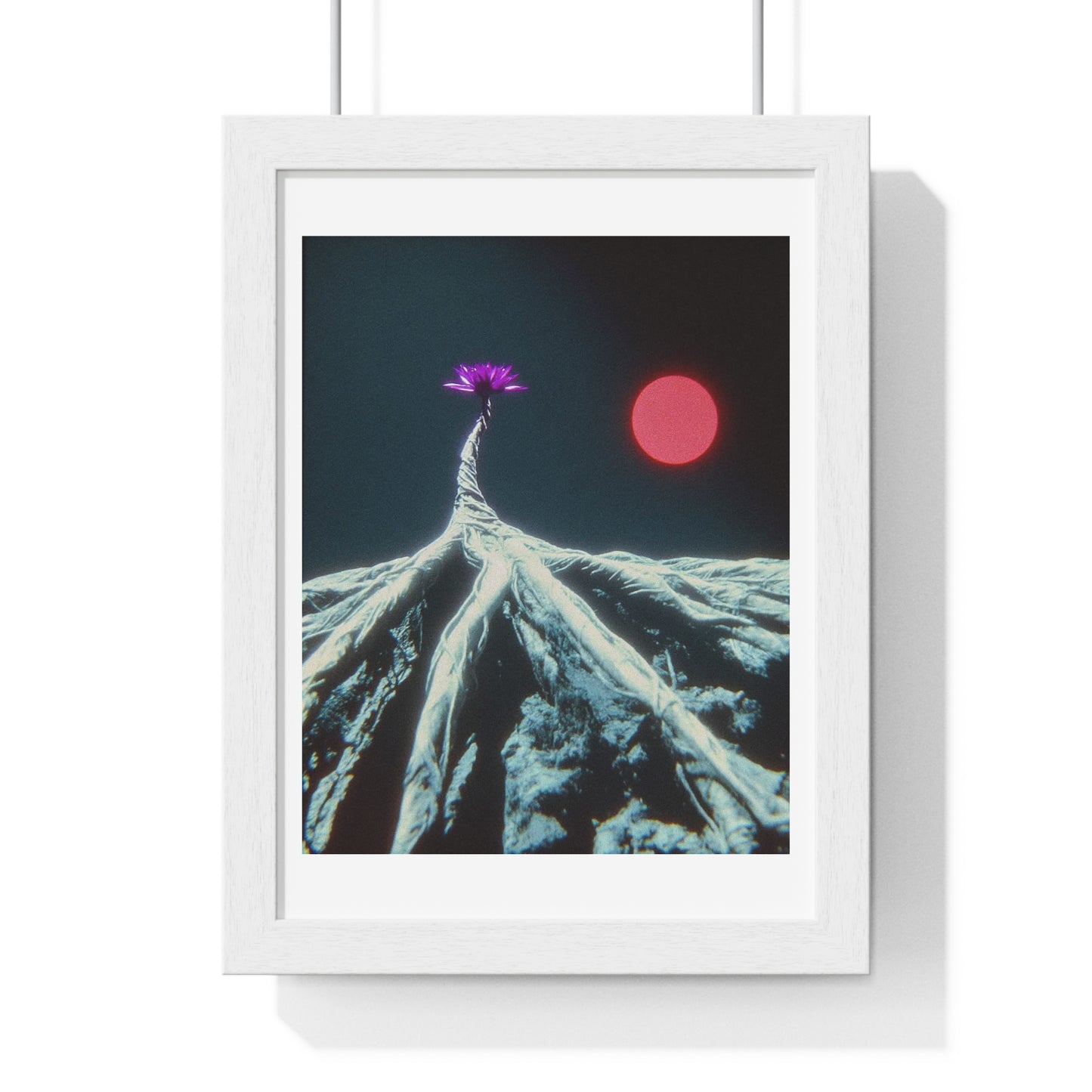 One Purple Flower Growing From Frozen Tundra Against a Red Sun 'Designed by AI' Framed Art Print