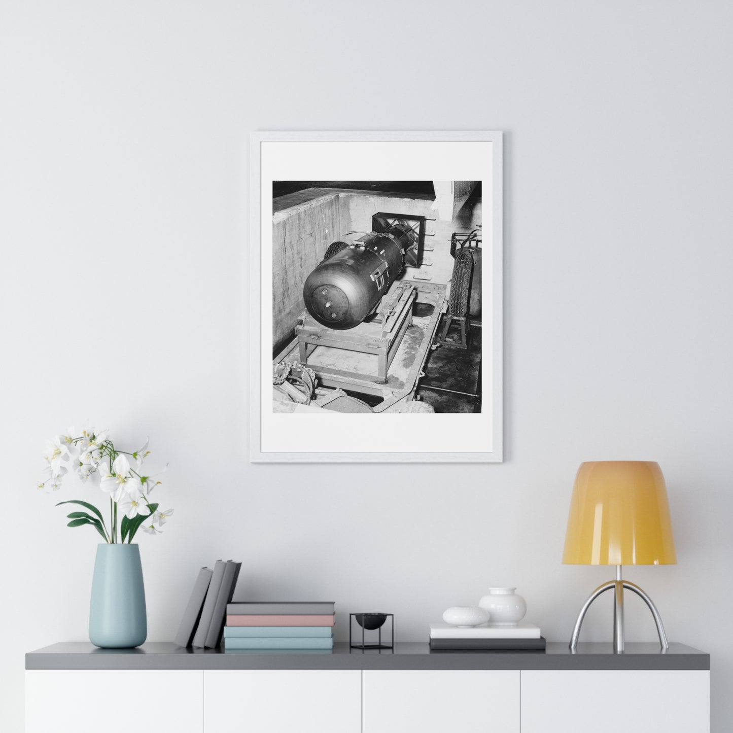 Atomic Bomb 'Little Boy' on Trailer Cradle, Before Being Loaded into Enola Gay's Bomb Bay, from the Original, Framed Print