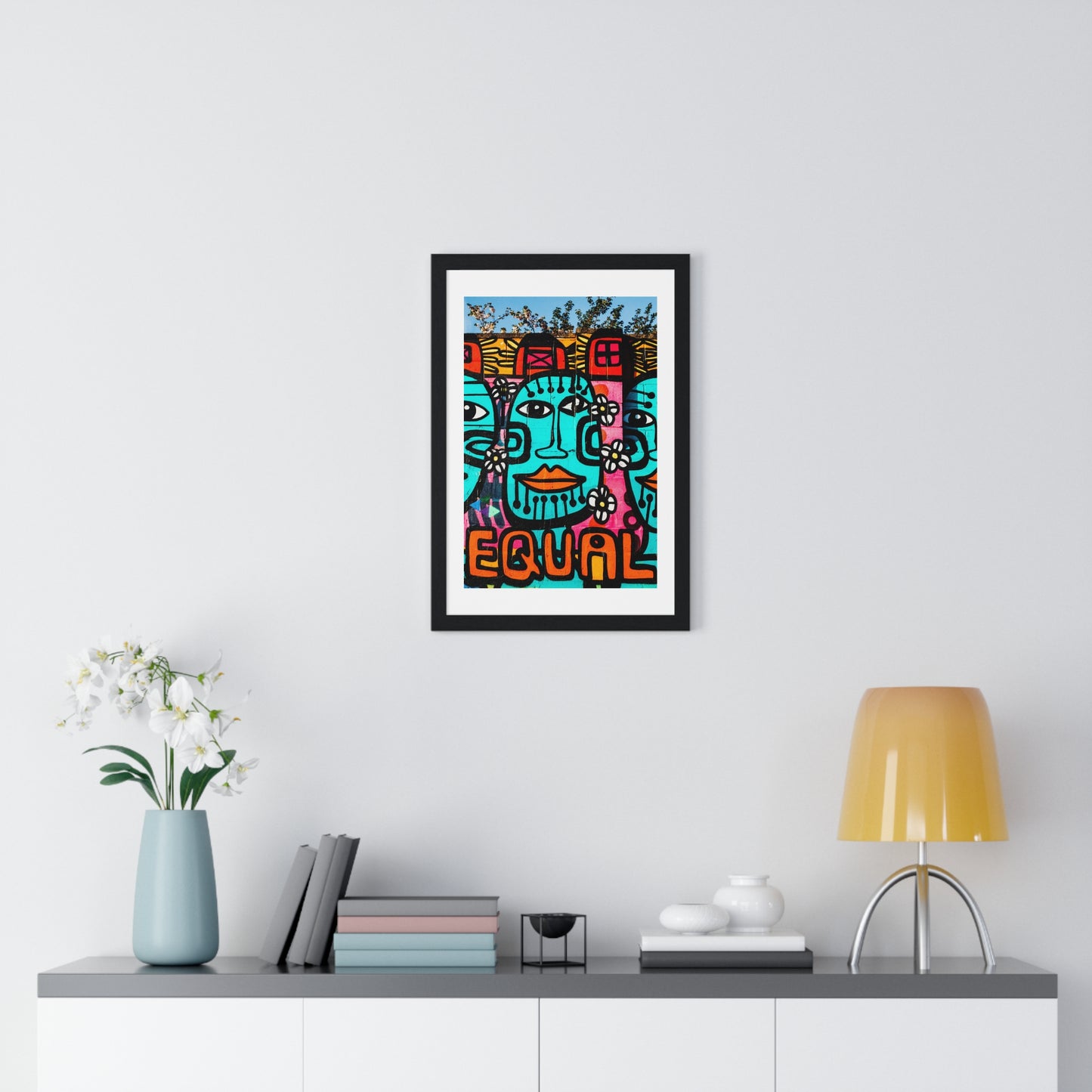 Brightly Coloured Urban Graffiti Mural Artwork, Tribal Faces (2017) Location Unknown, Framed Art Print