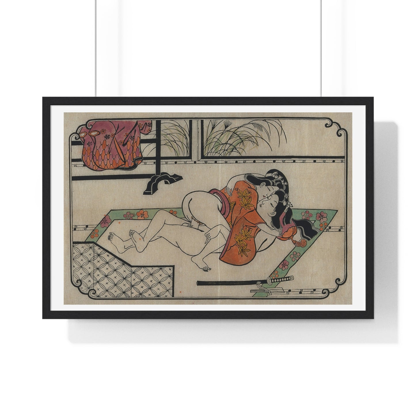 Young Couple Making Love, Coloured Reproduction of a Woodcut by Moronobu (1680s) Framed Art Print