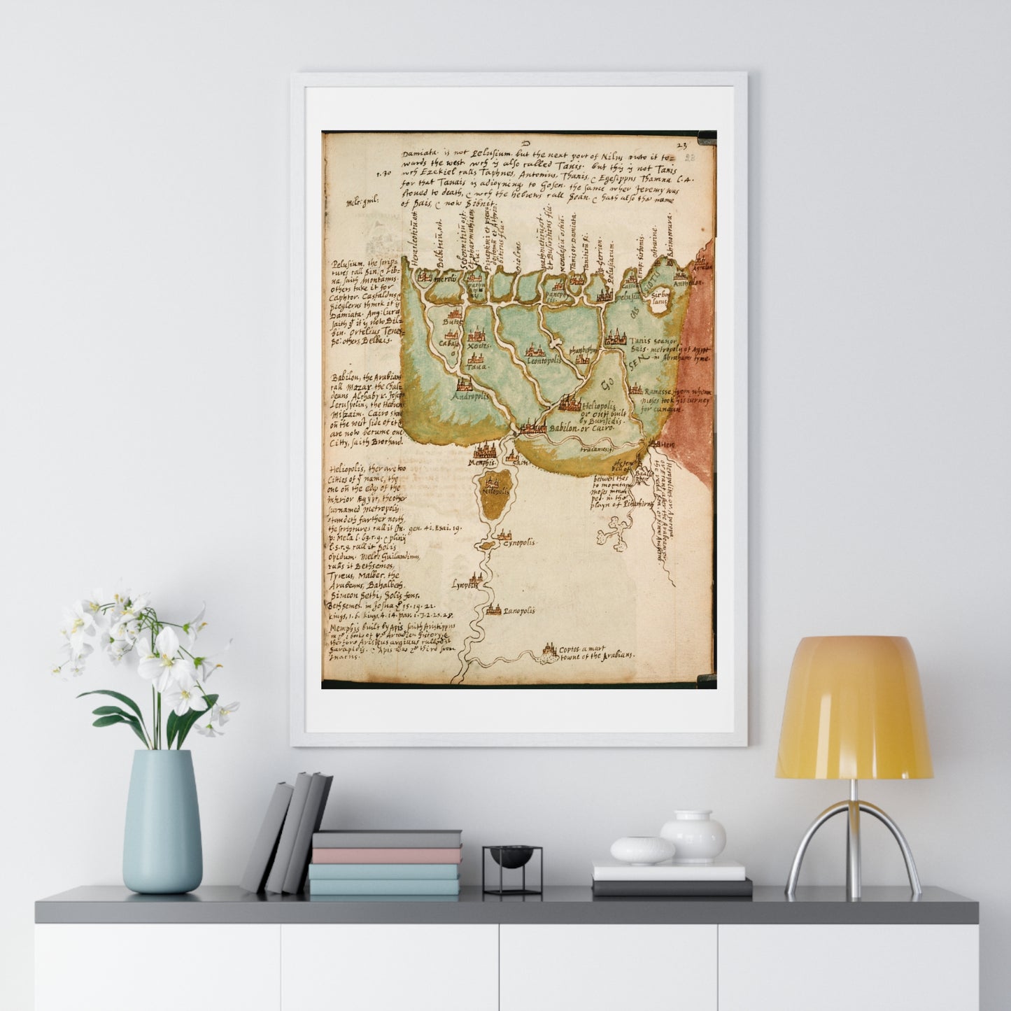 Antique Map of Lower Egypt (circa 1607) from the Original Sir Walter Raleigh Manuscript, Framed Print