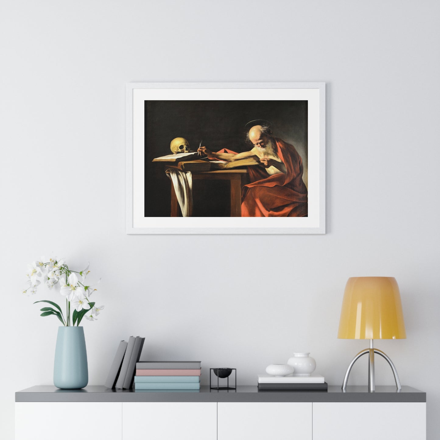 Saint Jerome Writing (1605-1606) by Caravaggio, Large Framed Art Print