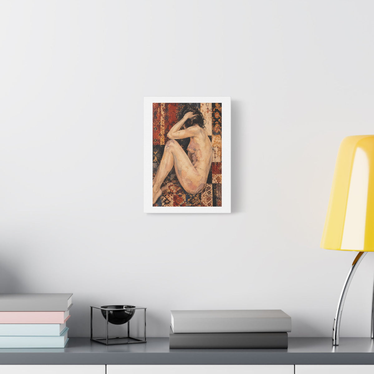 Textured Contemplative Figure Against Ornate Tapestry, Art Print on Satin Canvas, Stretched
