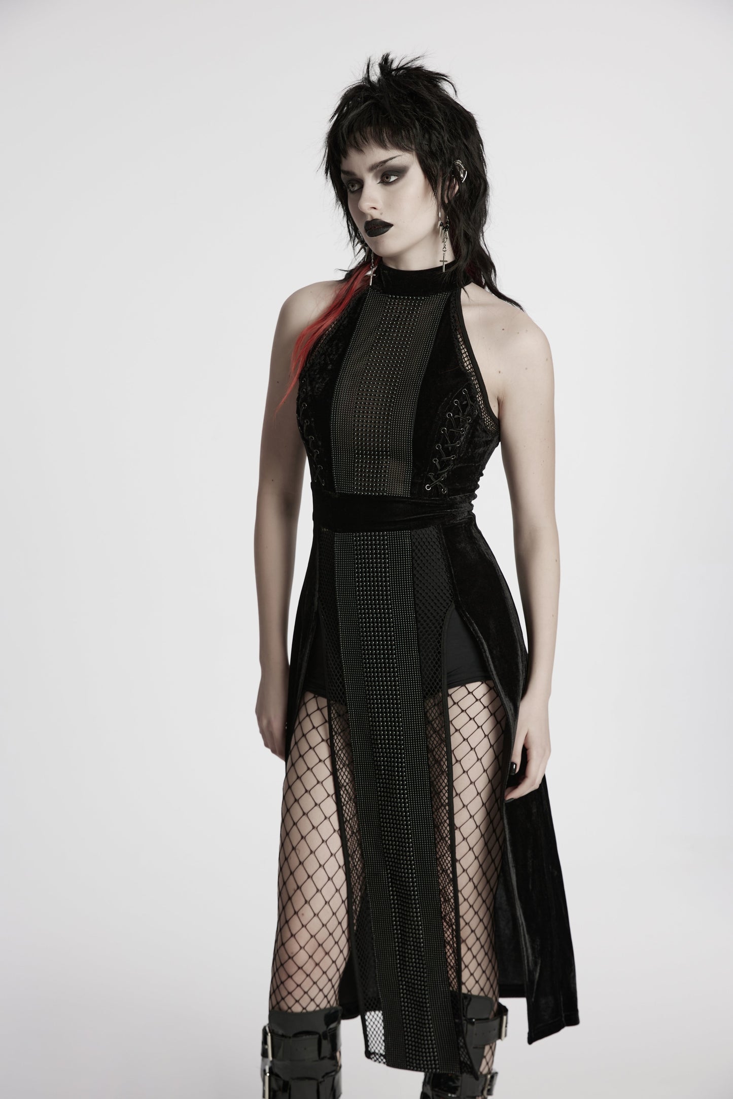 Punk Rave Selene Velvet Mesh High Slit Goth Dress In Black