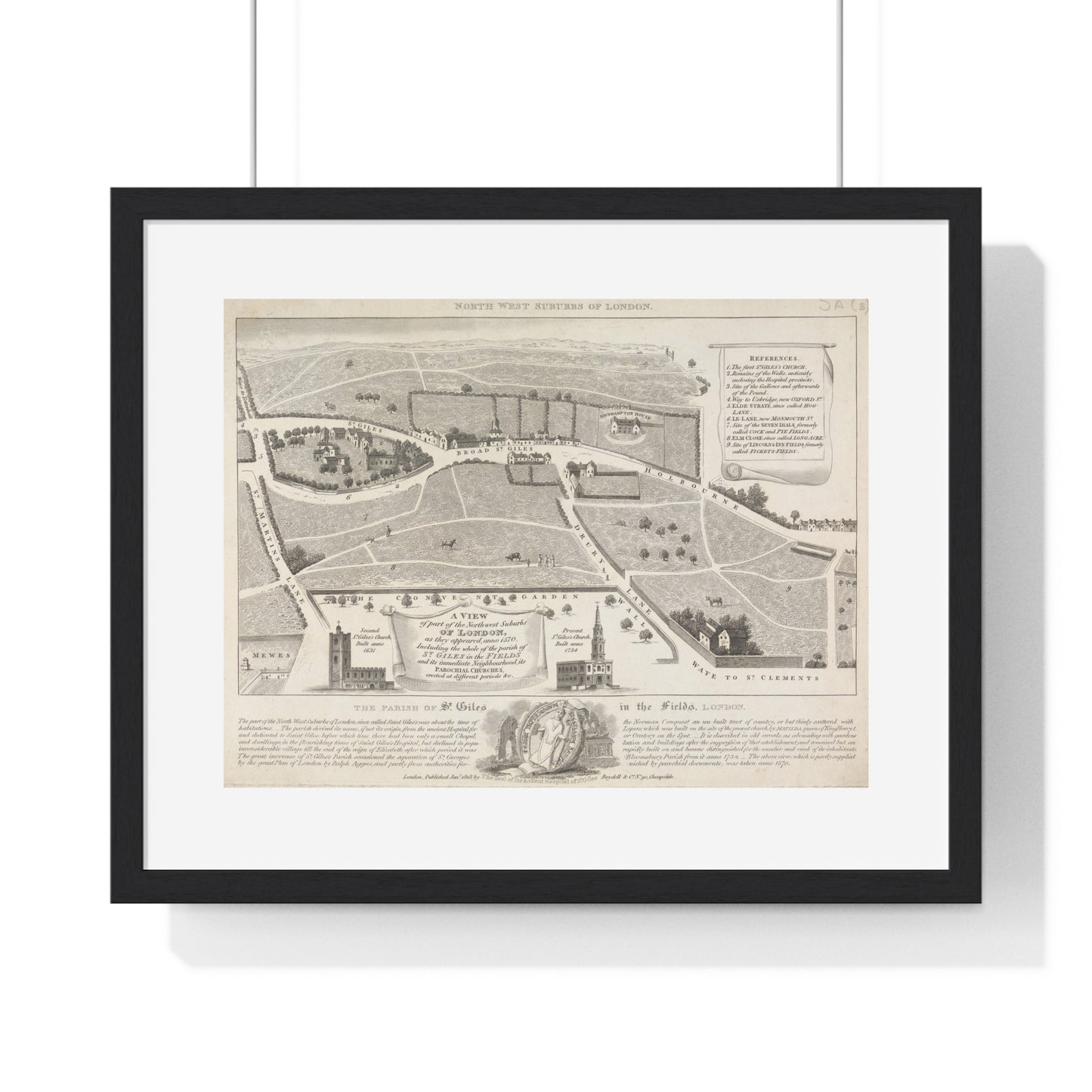 Antique Map of the Parish of St Giles in the Fields, London (1818), from the Original, Framed Art Print