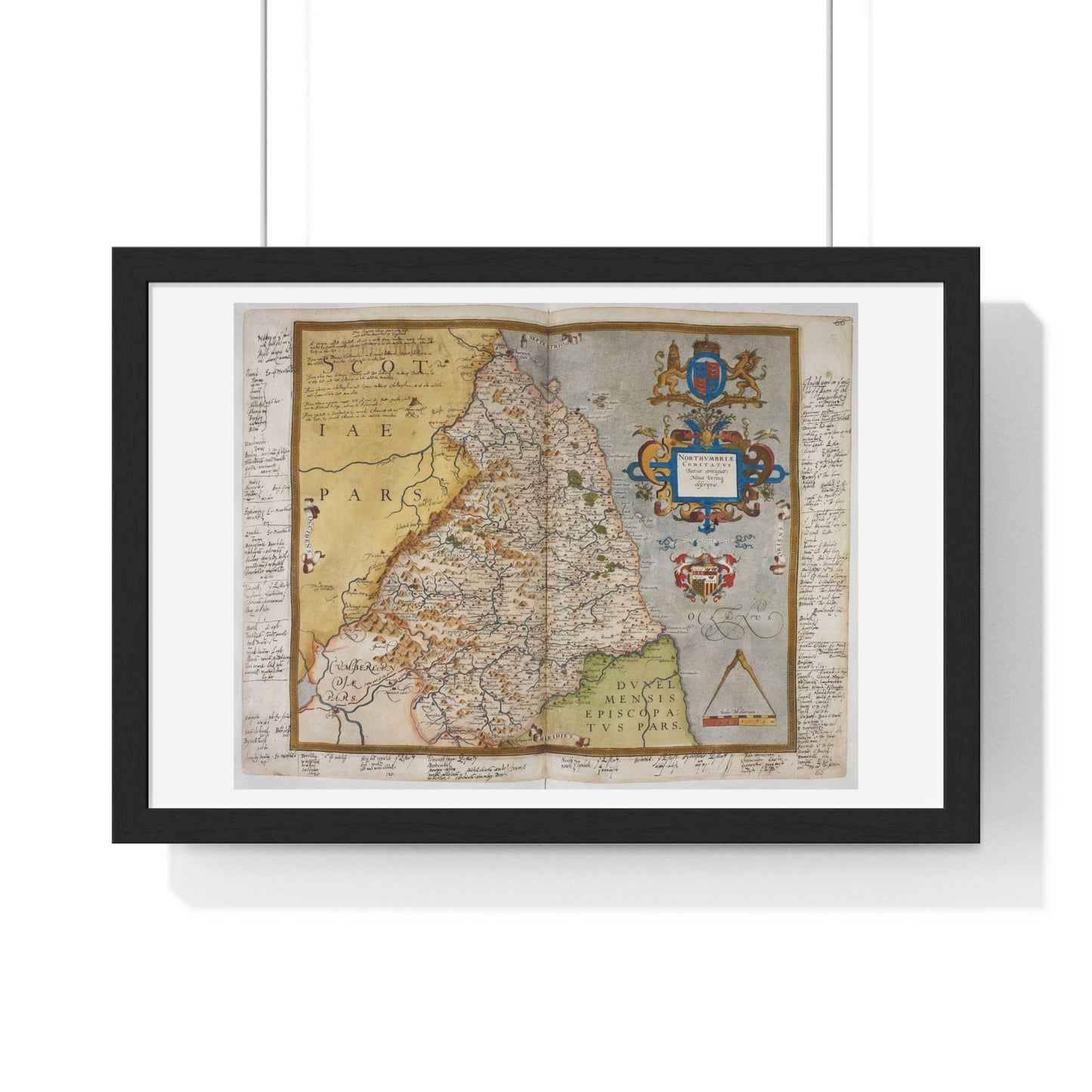 Tudor Antique Map of Northumberland from Lord Burghley's Atlas (1579) from the Original, Framed Print