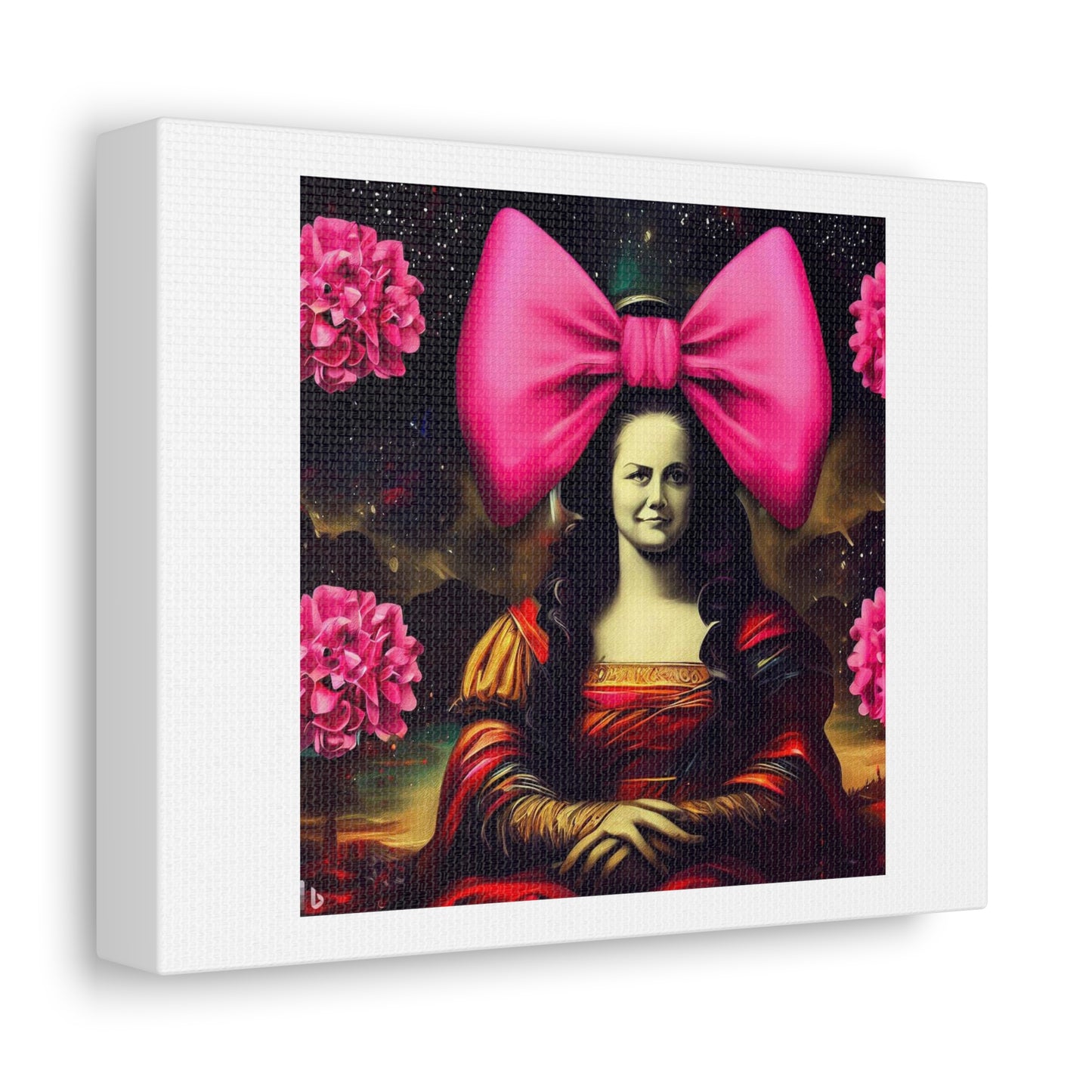 Mona Lisa With Big Pink Bows Matte Painting Fantasy Concept Art 'Designed by AI' Print on Satin Canvas