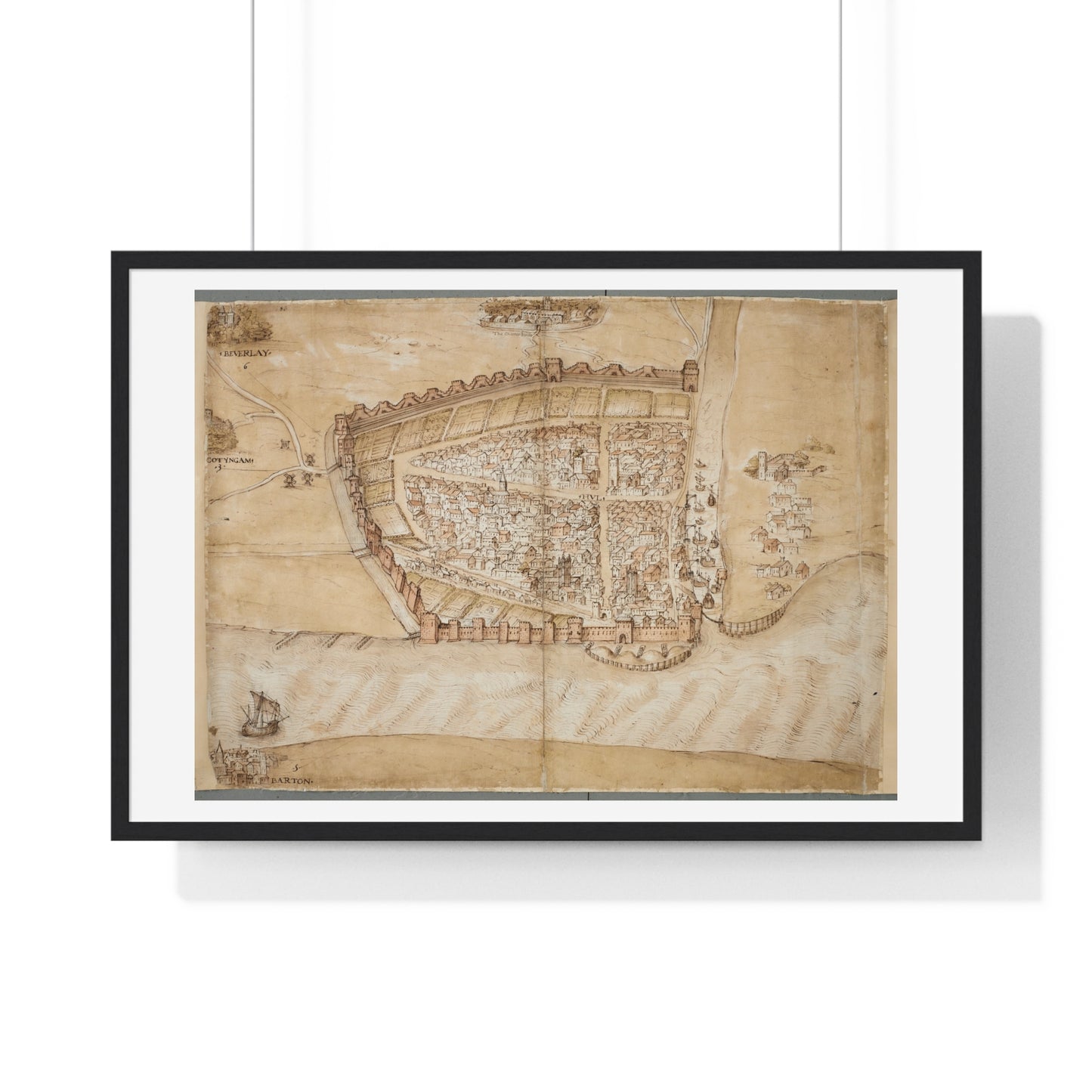 Antique Map of the City of Hull (circa 1539) from the Original Manuscript, Framed Print
