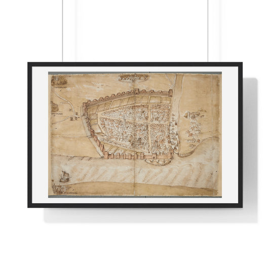 Antique Map of the City of Hull (circa 1539) from the Original Manuscript, Framed Print