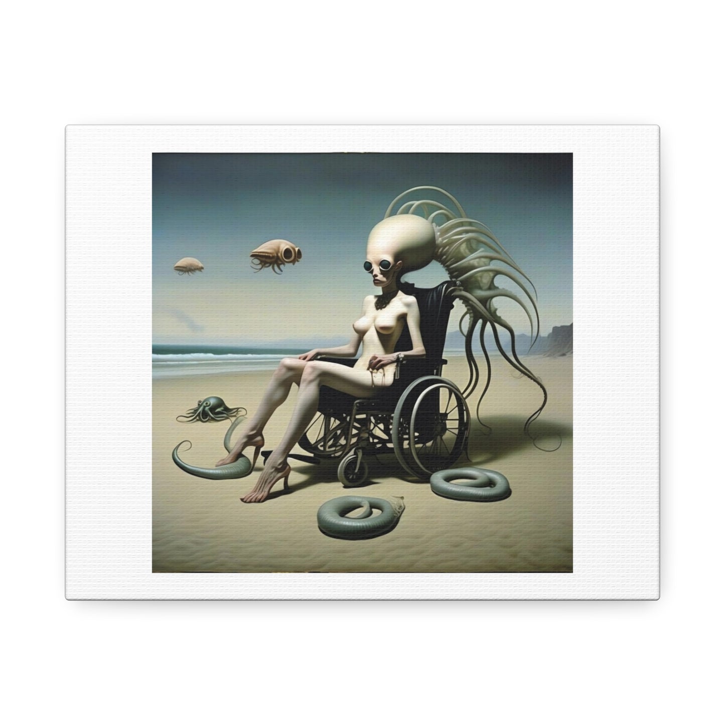 Woman on the Beach with Aliens, Dystopian Art Print II 'Designed by AI' on Canvas