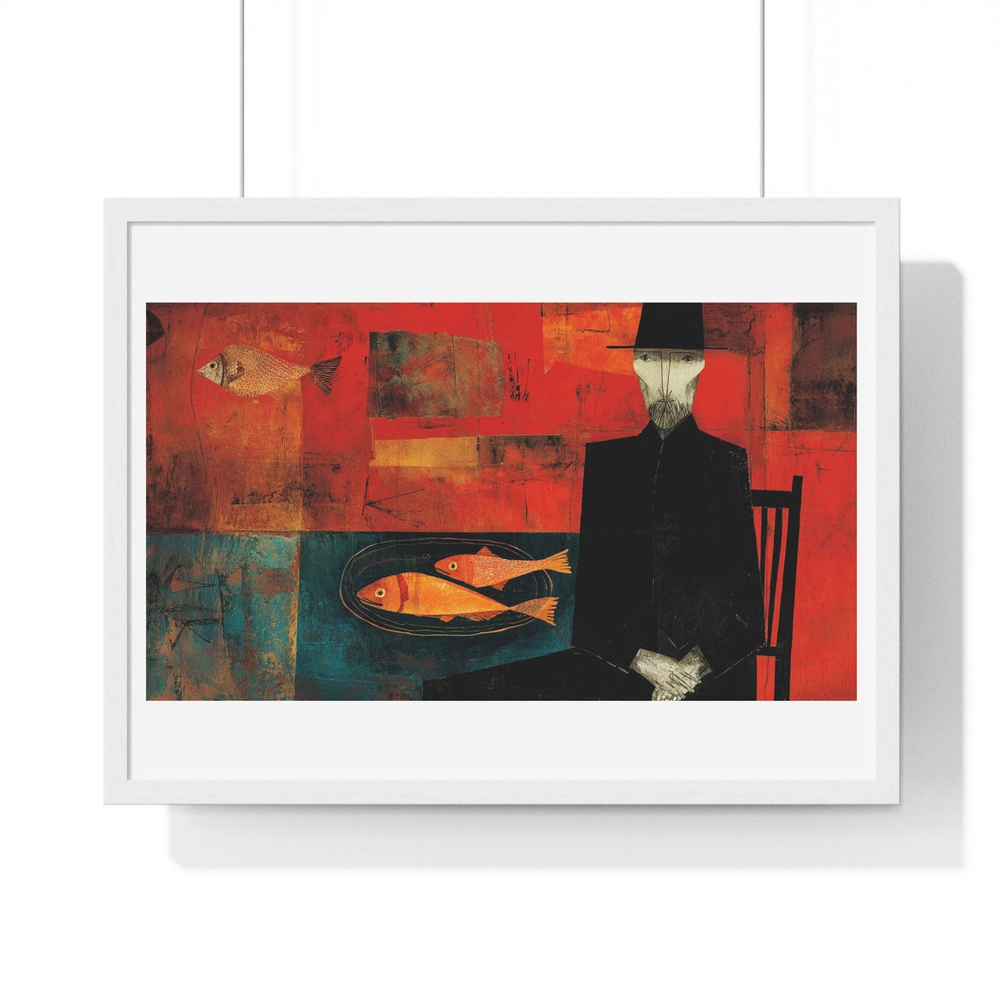 The Man and the Golden Fish in the Style of Modigliani 'Designed by AI' Framed Art Print