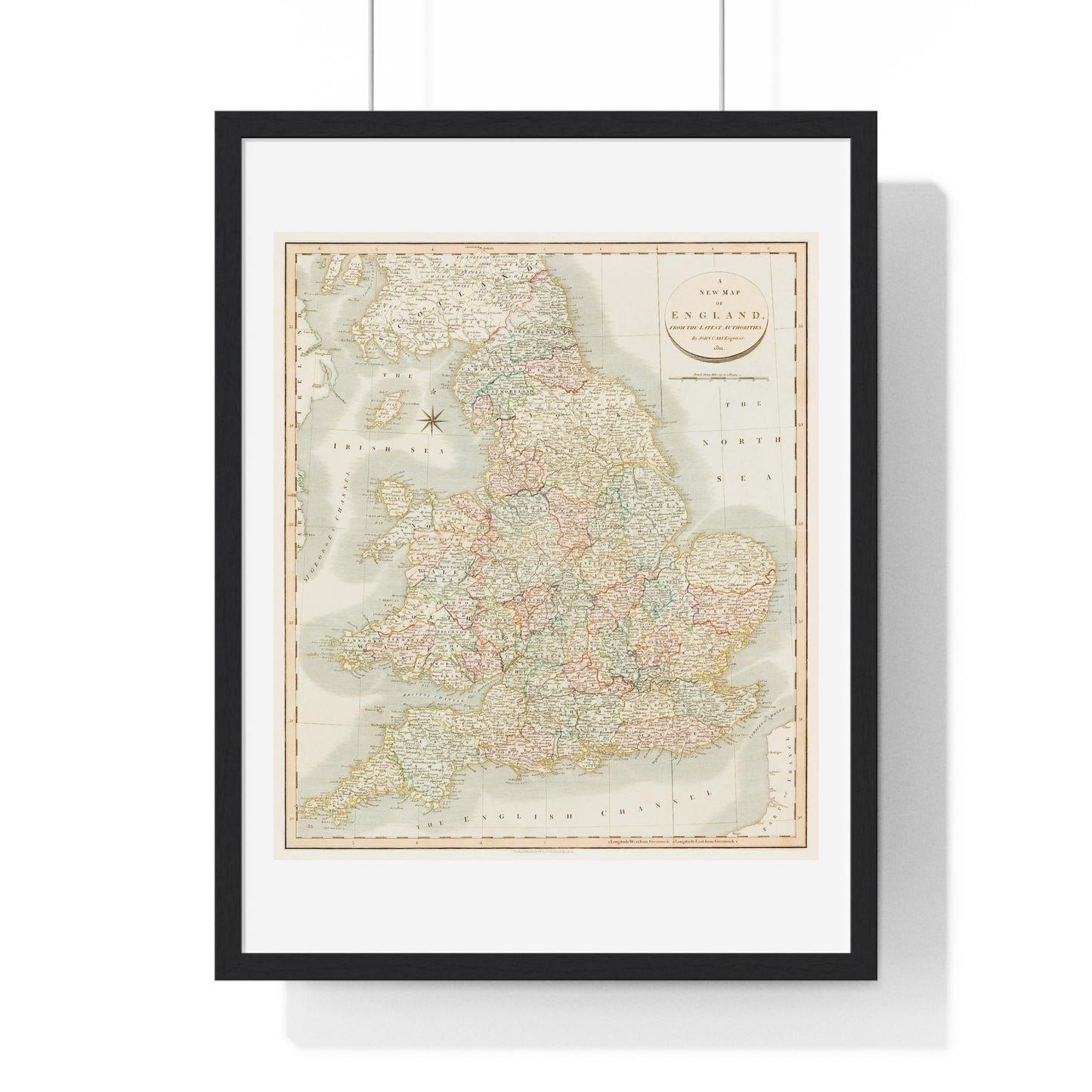 Antique Map: A New Map of England (1811) by John Cary from the Original, Framed Art Print