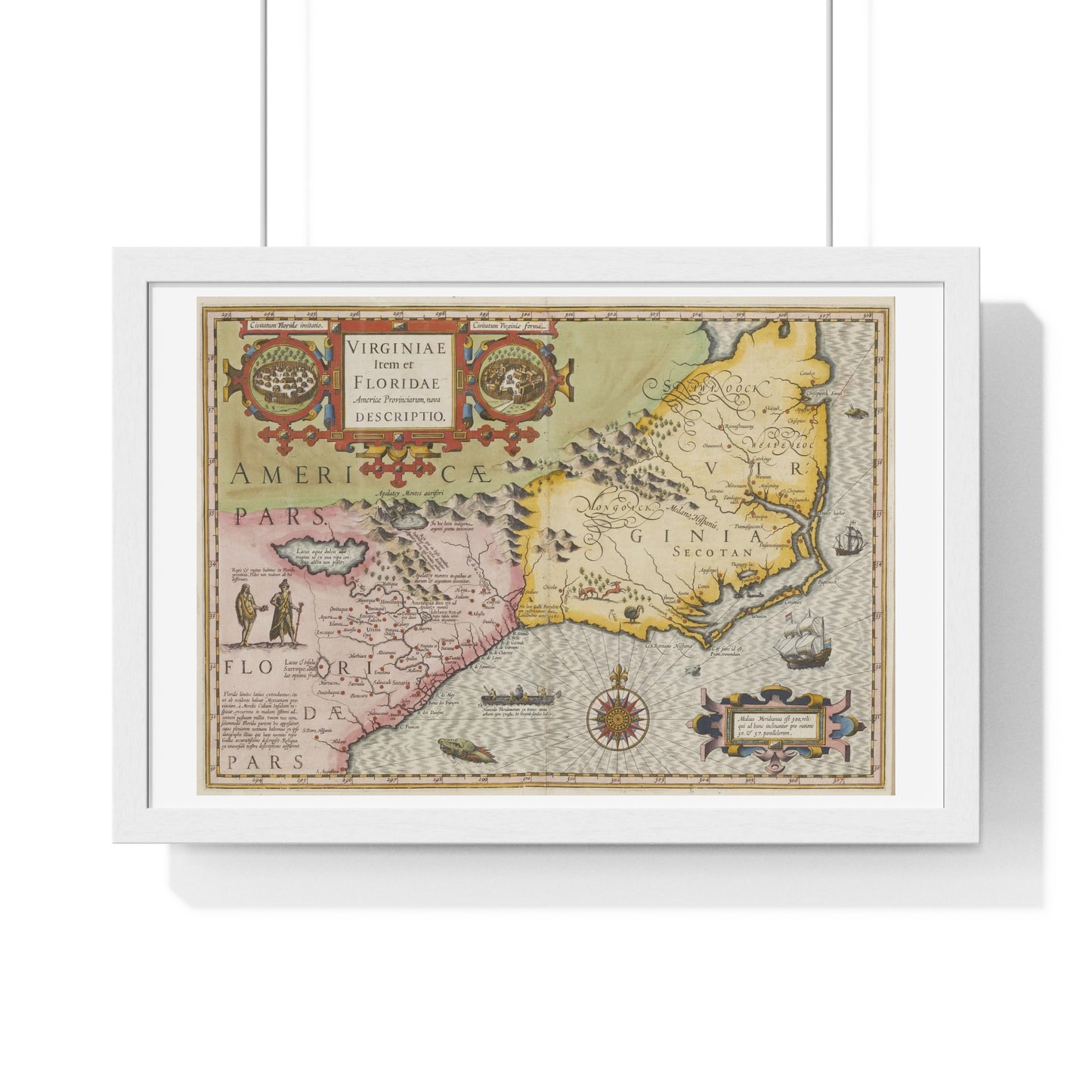 Historic Map of the American South: Virginia Item et Floridae (1606) by Gerardus Mercator and Jocodus Hondius, Framed Print
