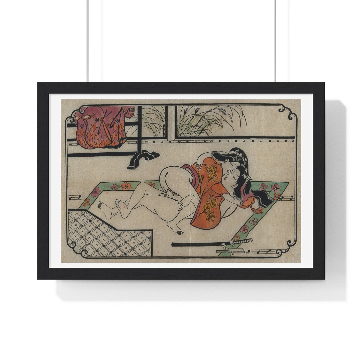 Young Couple Making Love, Coloured Reproduction of a Woodcut by Moronobu (1680s) Framed Art Print