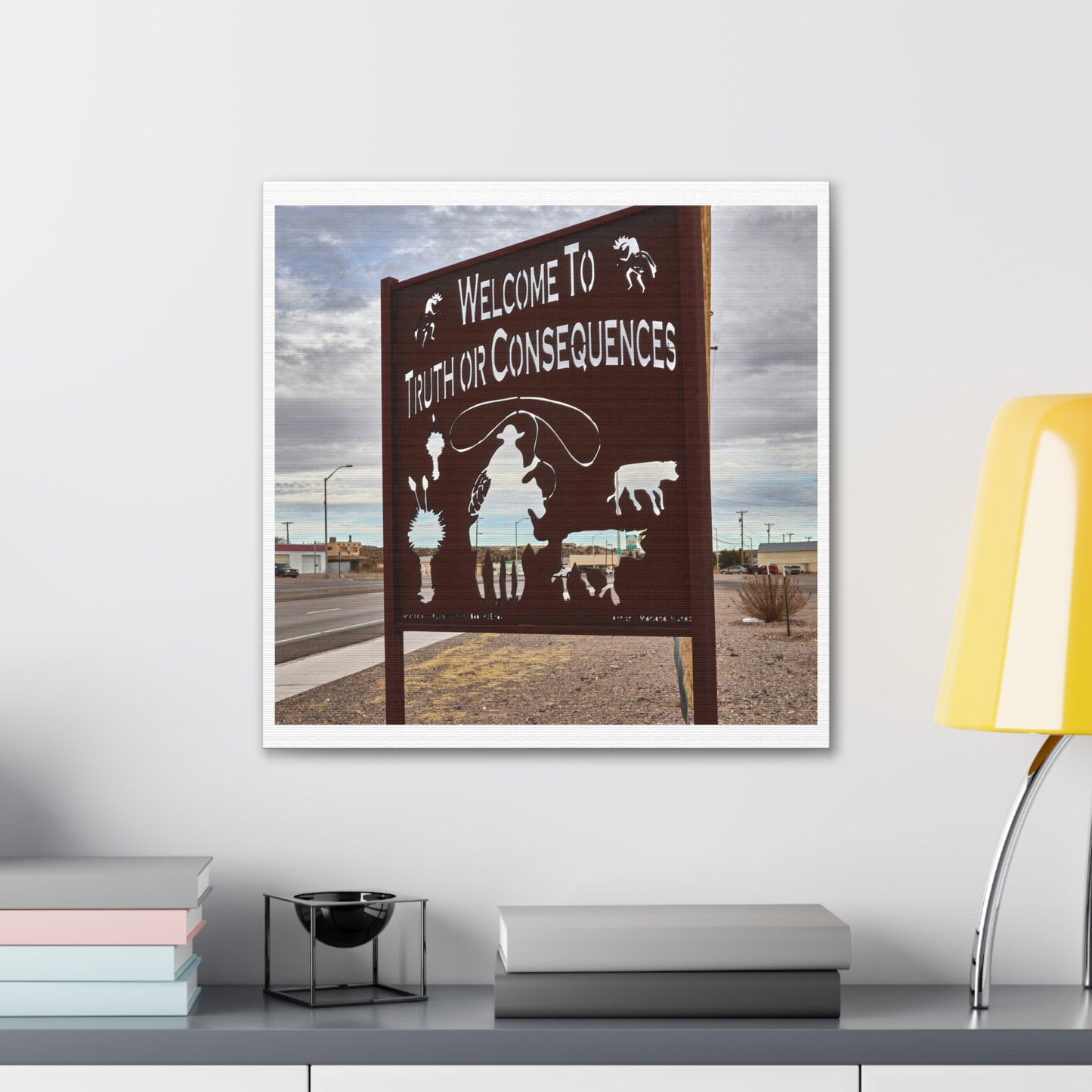 Silhouetted Welcome Sign on the Outskirts of Truth or Consequences, New Mexico, Print on Canvas