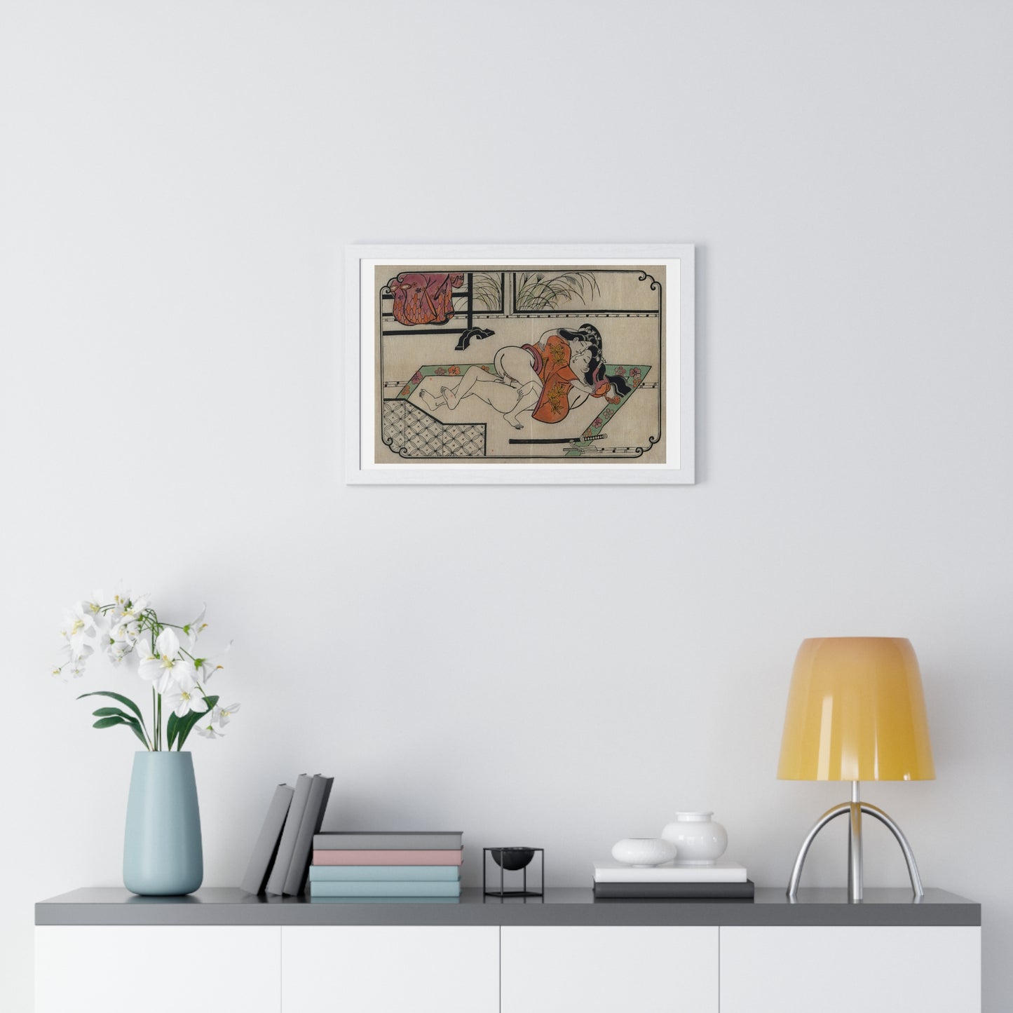 Young Couple Making Love, Coloured Reproduction of a Woodcut by Moronobu (1680s) Framed Art Print