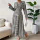 Vireous Geometric Print Long-Sleeve Cinched-Waist Elegant Dress