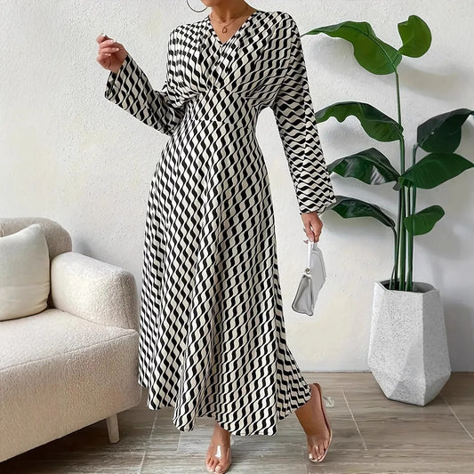 Vireous Geometric Print Long-Sleeve Cinched-Waist Elegant Dress