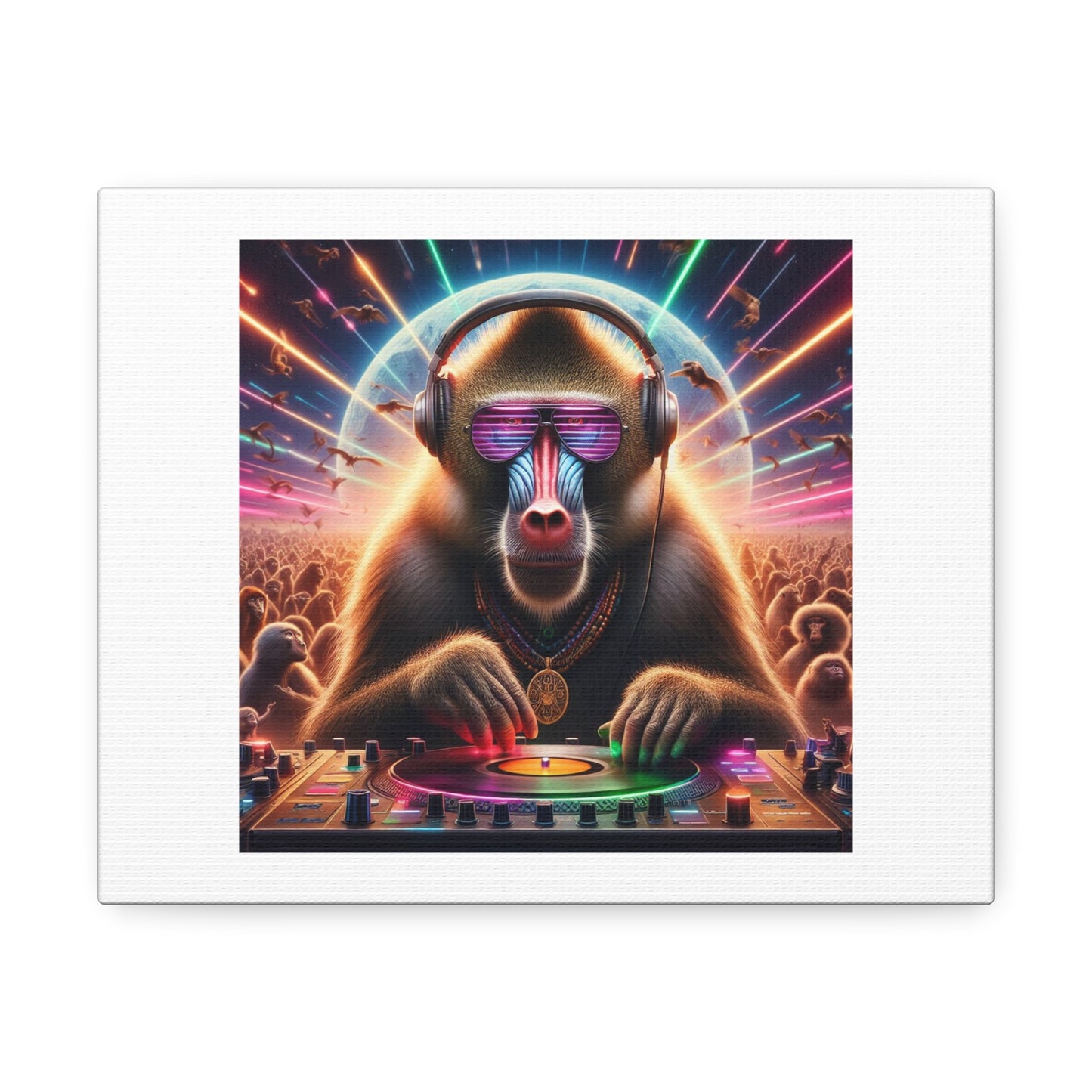 Techno DJ Baboon Photorealism Art Print 'Designed by AI' on Satin Canvas