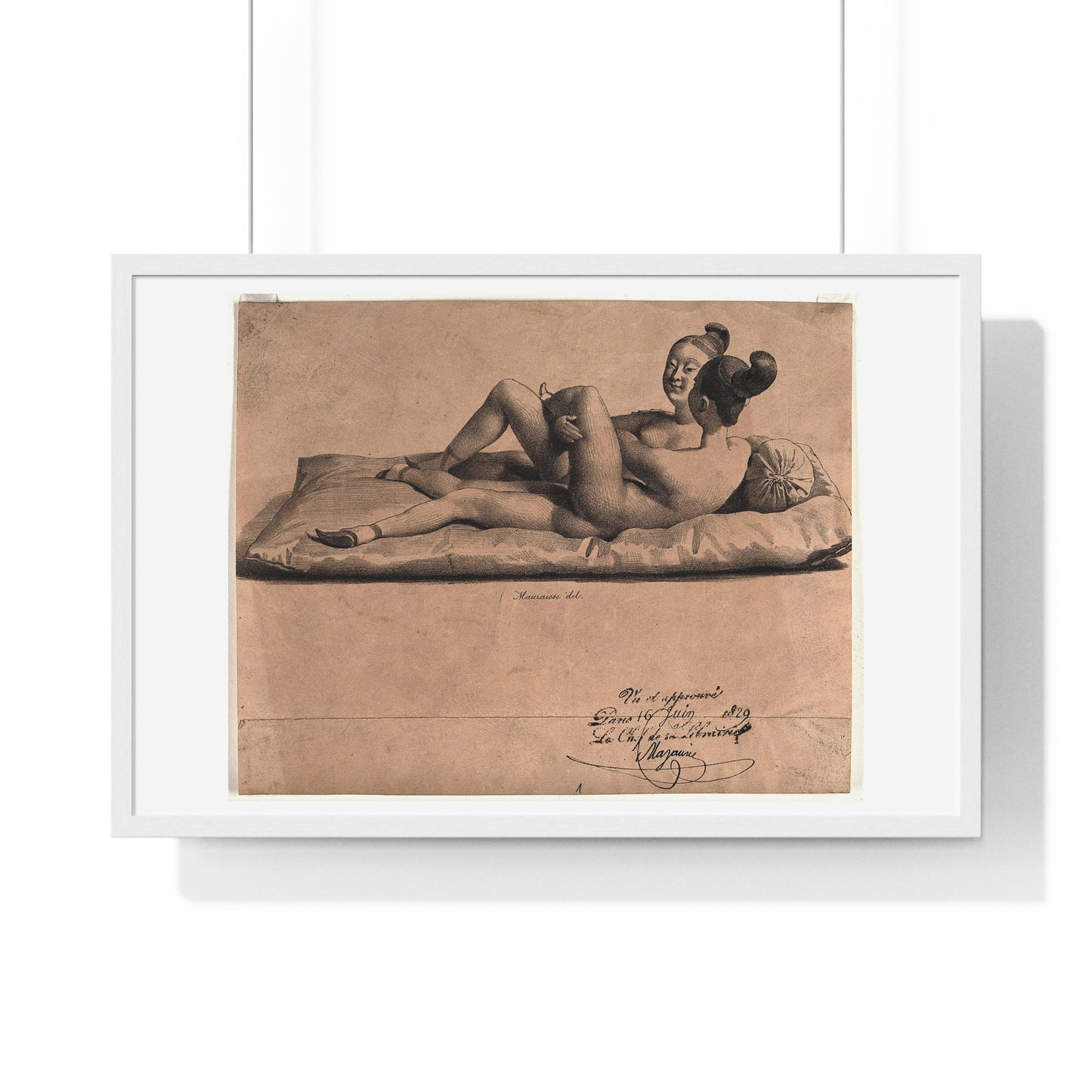 Two Chinese Girls with Bound Feet are Making Love on a Mattress (1829) Lithograph by Jean-Baptiste Mauzaisse, Framed Print