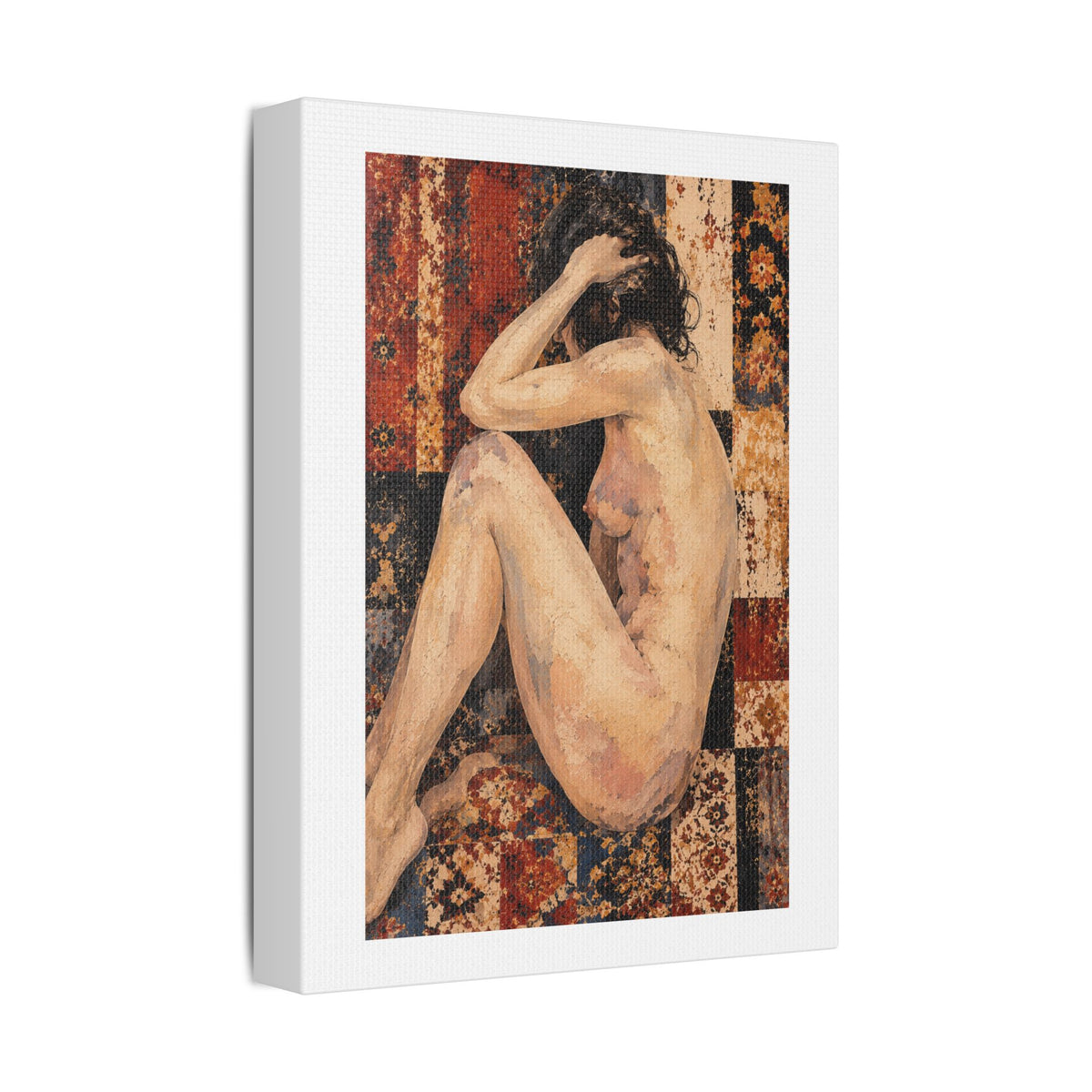 Textured Contemplative Figure Against Ornate Tapestry, Art Print on Satin Canvas, Stretched