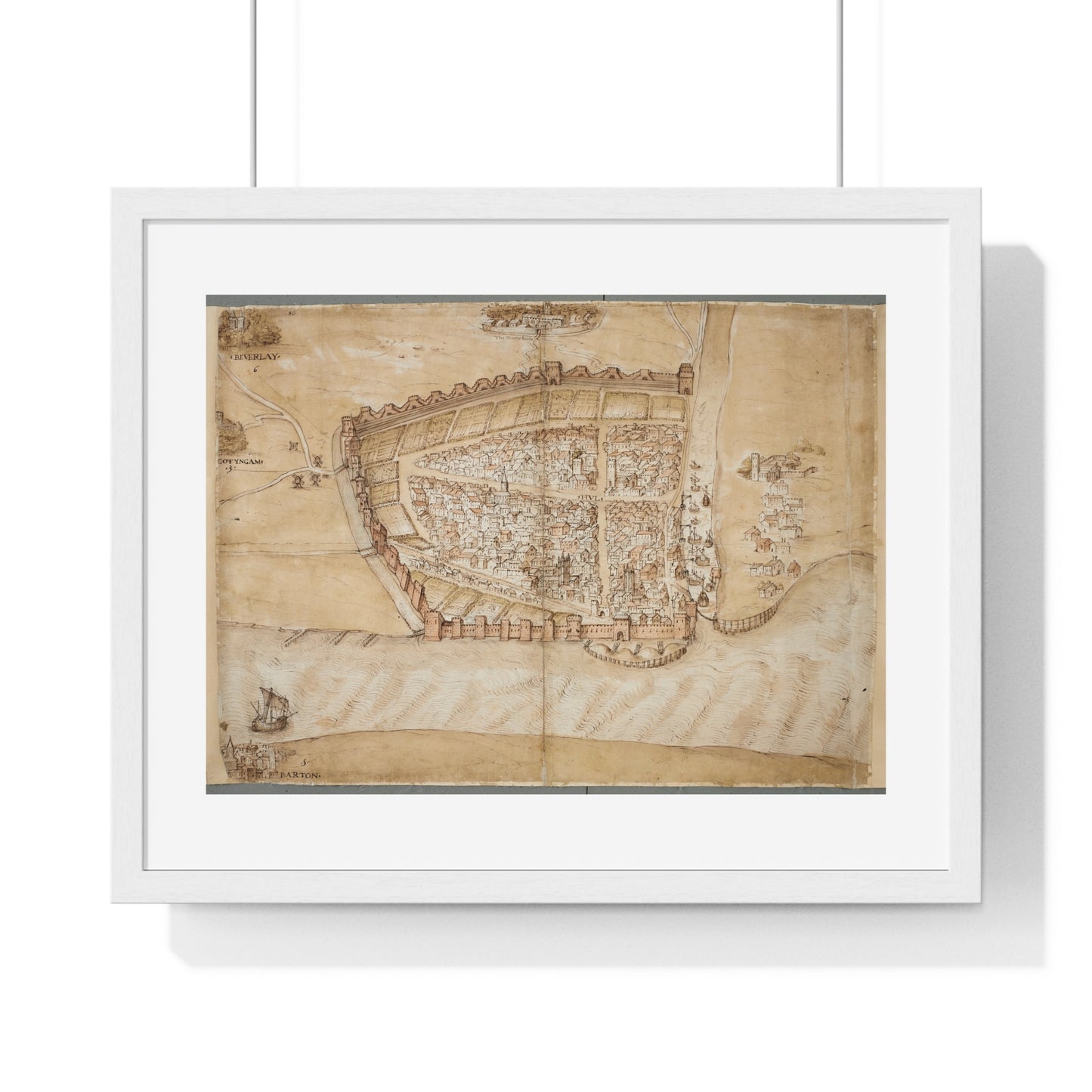 Antique Map of the City of Hull (circa 1539) from the Original Manuscript, Framed Print