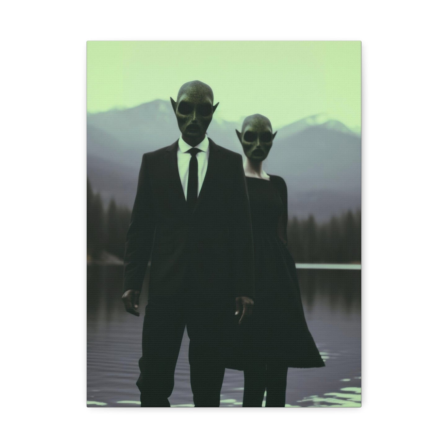 Couple Wearing Alien Mask, Sunglasses Photorealism in Silhouette 'Designed by AI' Art Print on Canvas