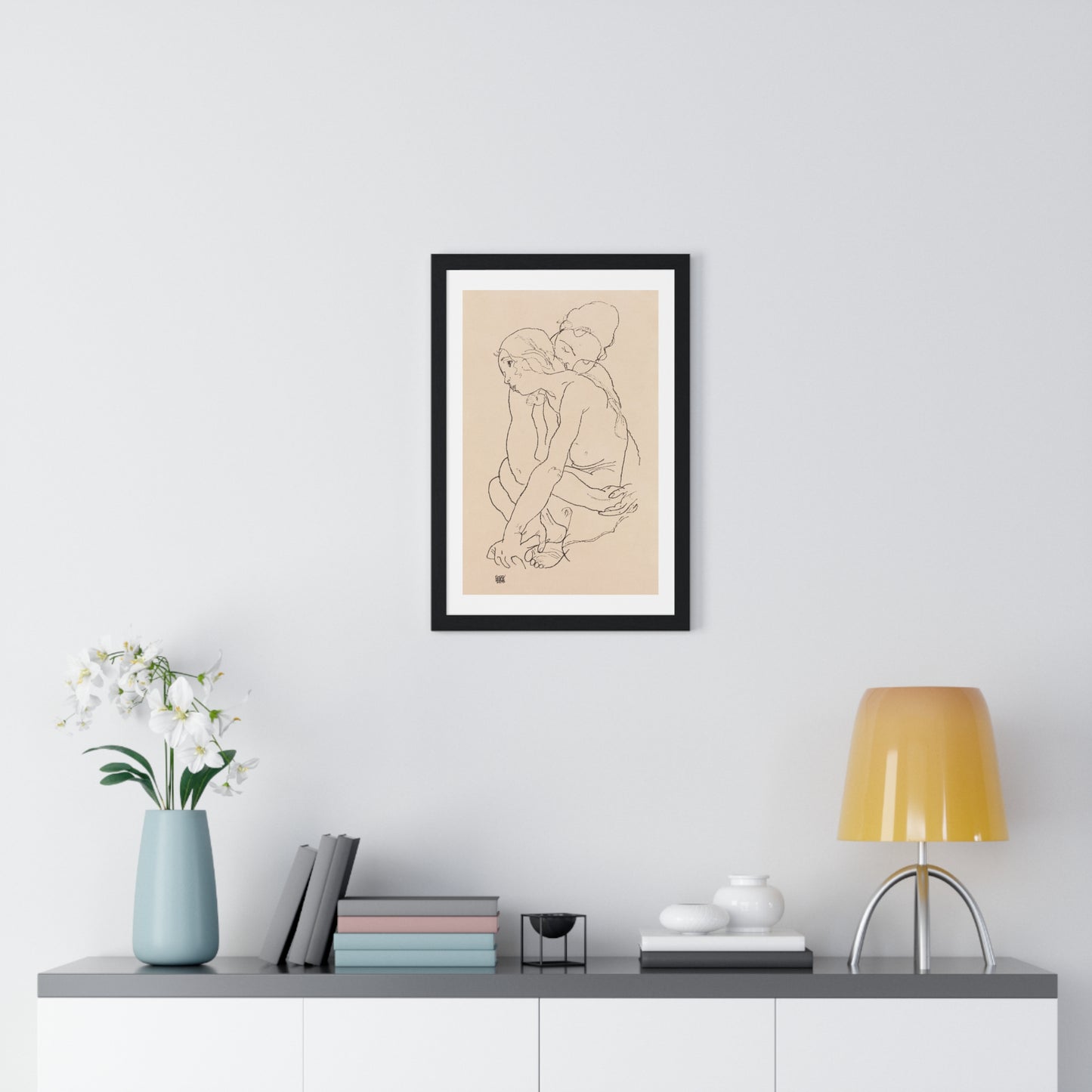 Woman and Girl Embracing (1918) by Egon Schiele, from the Original, Framed Art Print