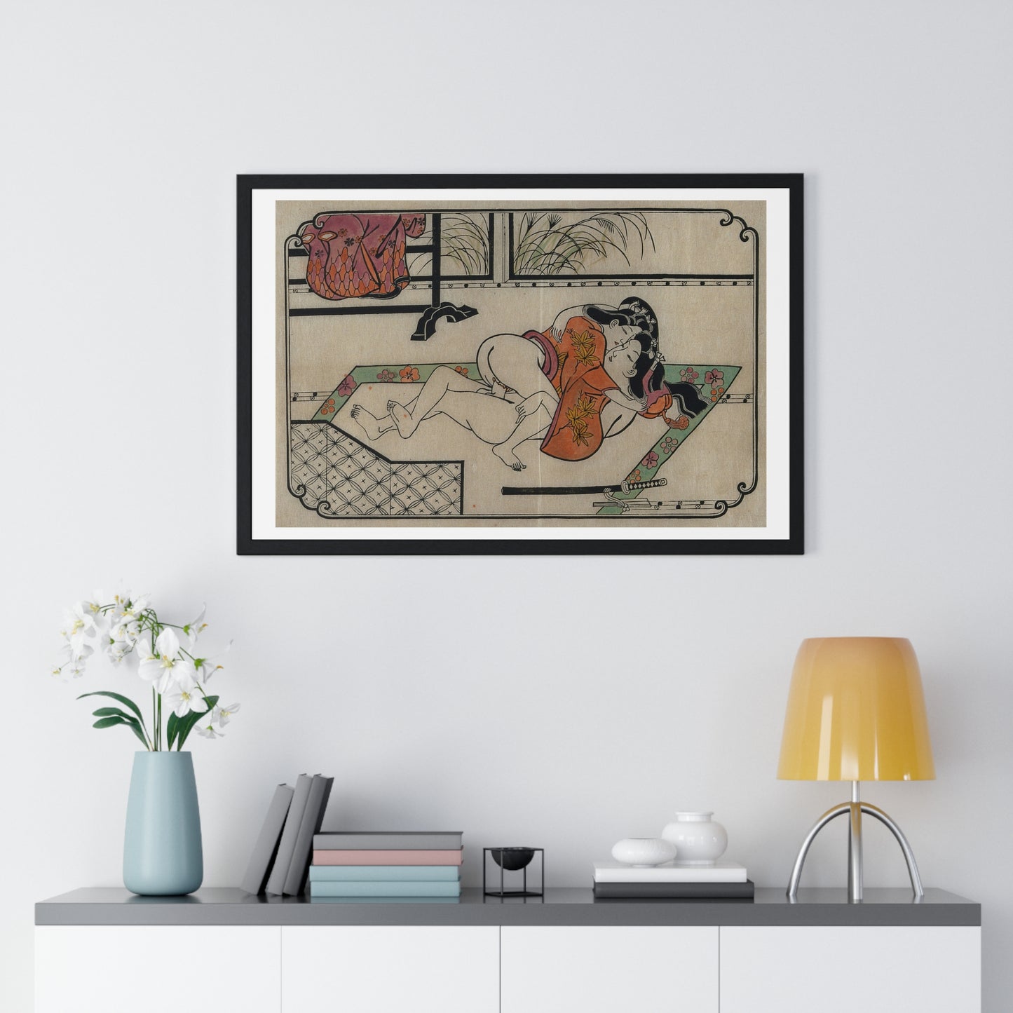 Young Couple Making Love, Coloured Reproduction of a Woodcut by Moronobu (1680s) Framed Art Print