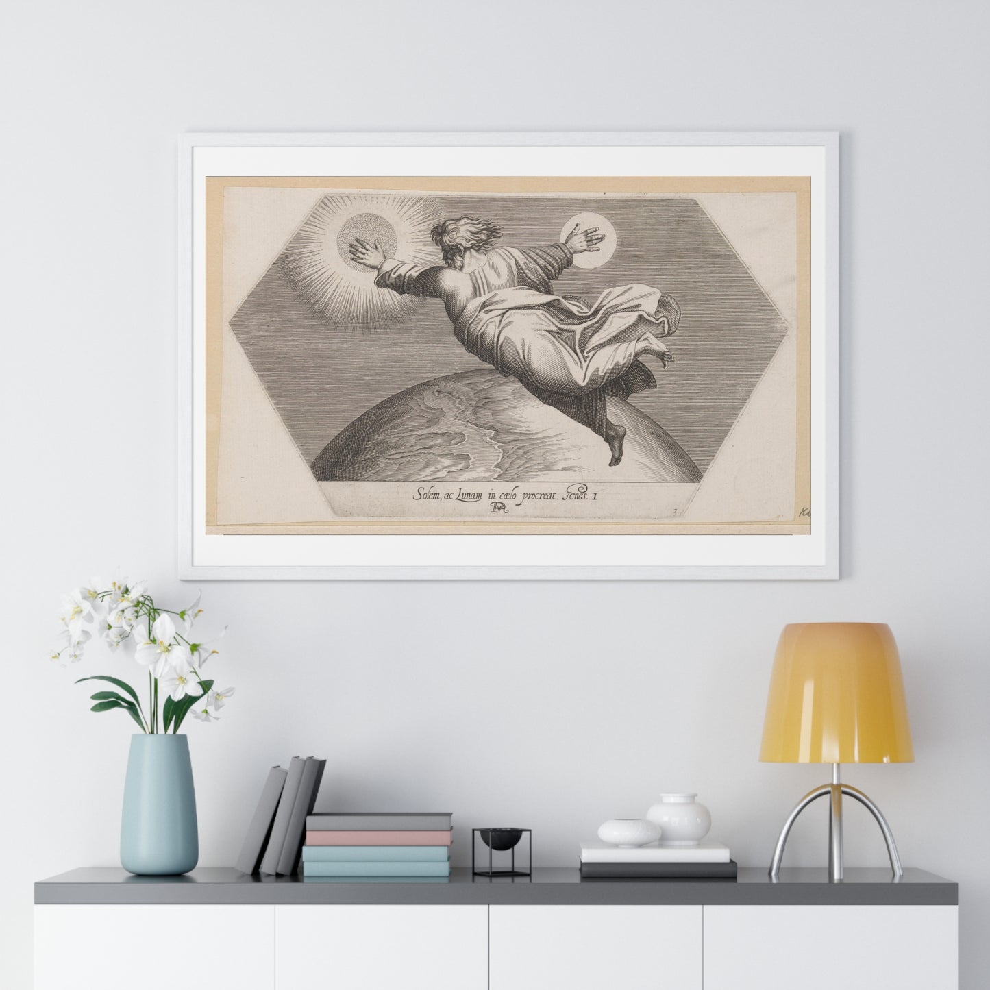 God Schept de Zon en de Maan (1626) by Francesco Villamena and Rafaël, from the Original, Framed Art Print