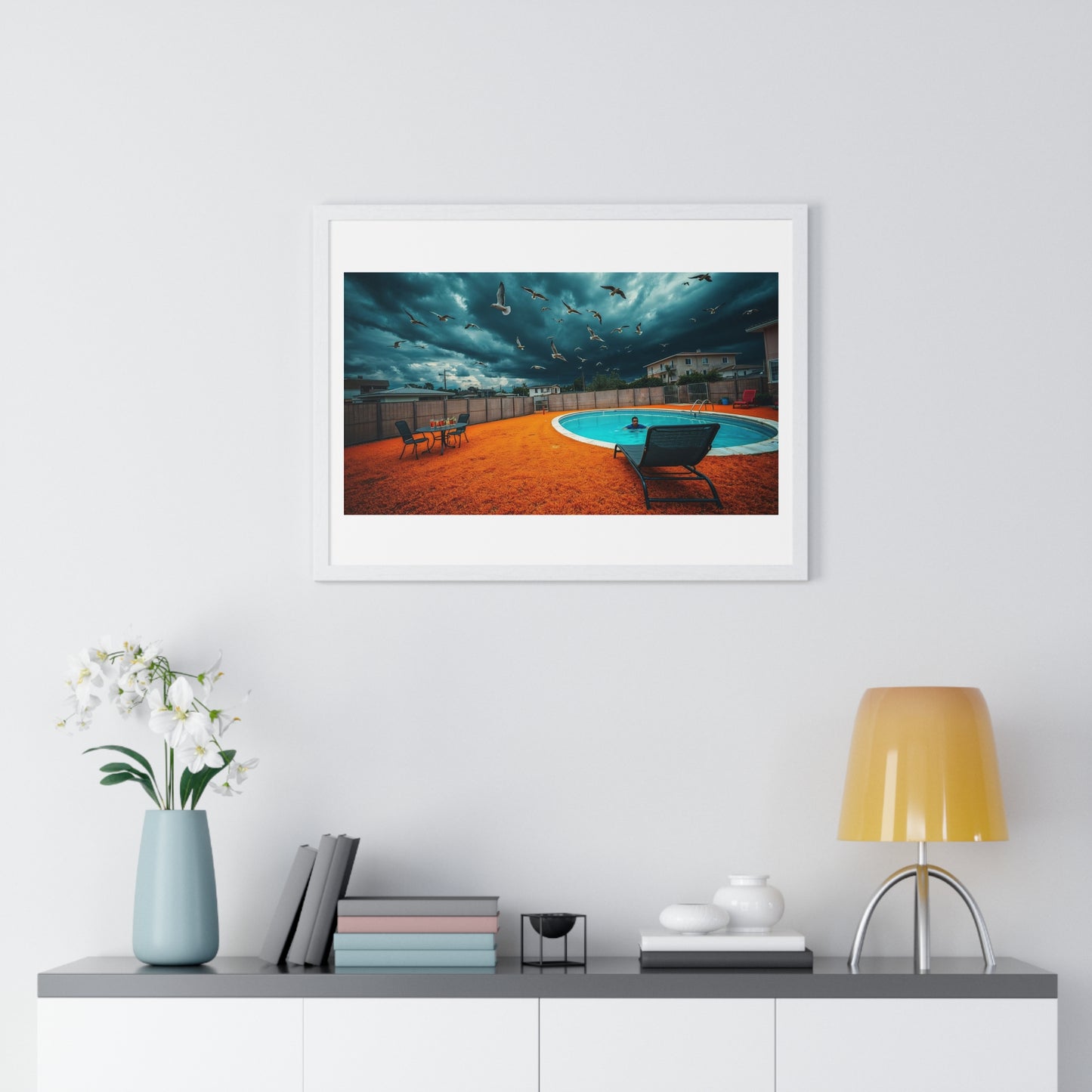 Dystopian Pool Scene Photorealistic Art Style 'Designed by AI' Framed Print
