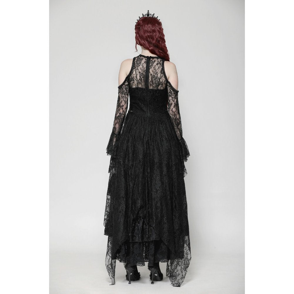 Dark in Love Carys Black Gothic Asymmetrical Lace Off-Shoulder Dress with Rhinestone Detail