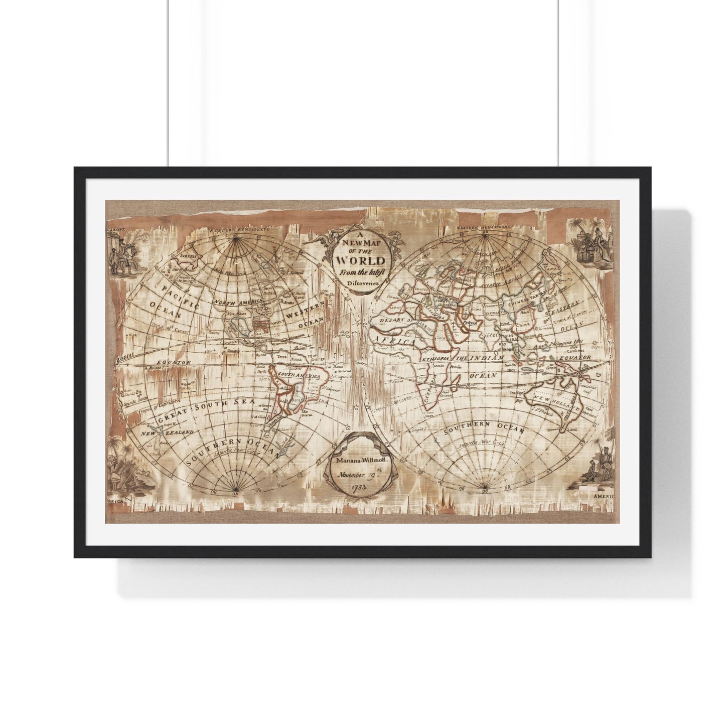 Embroidered World Map Sampler (1783) by Mariana Willmott, from the Original, Framed Art Print