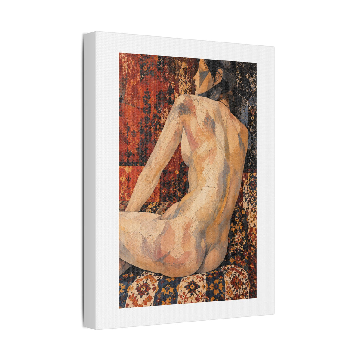 Abstract Mosaic Nude on Ornate Tapestry, Art Print on Satin Canvas, Stretched