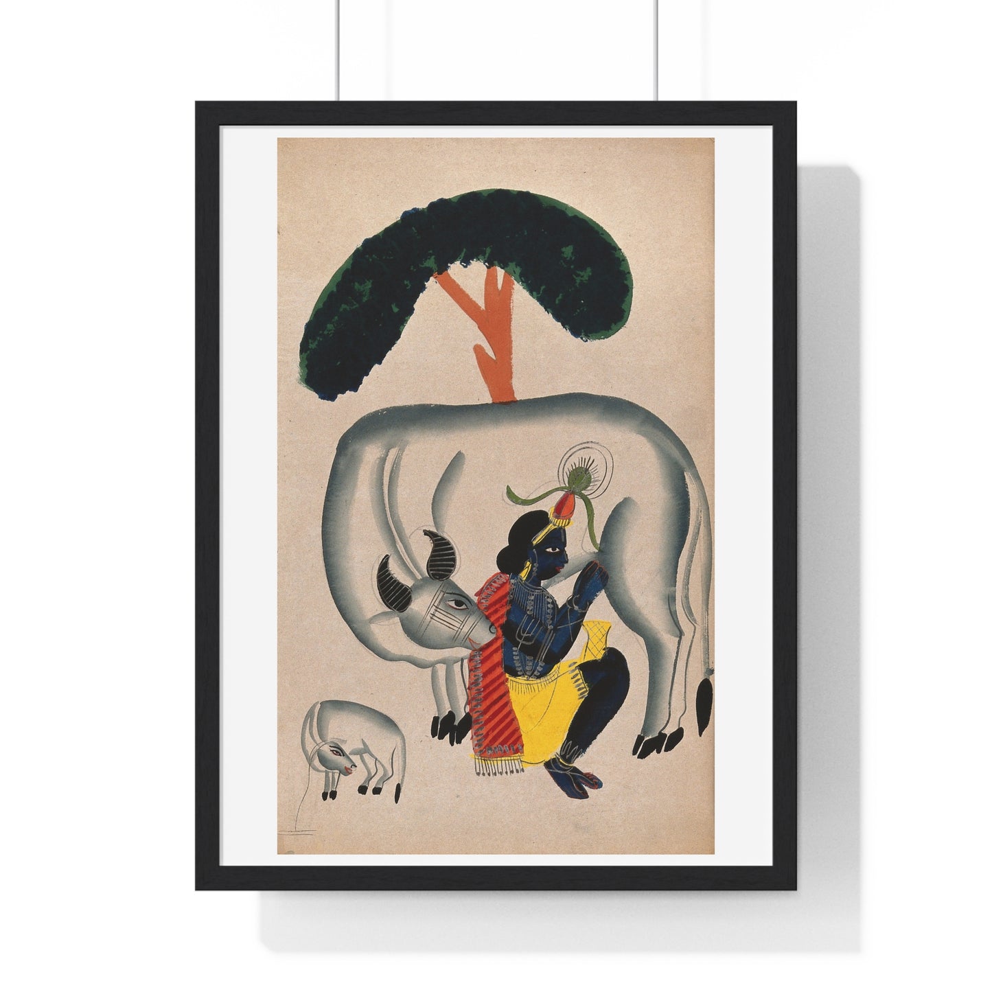 Krishna Milking a Cow While the Calf Looks, Watercolour Drawing, from the Original, Framed Art Print