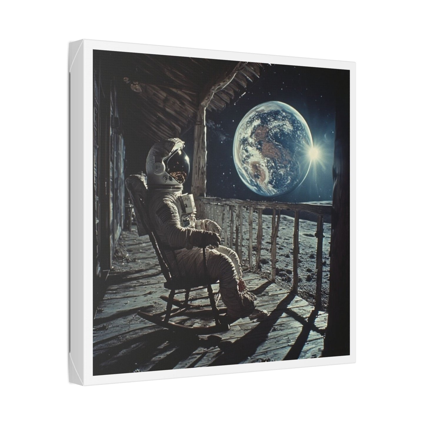 Astronaut on the Moon Sitting in a Rocking Chair on the Porch of a Farmhouse, Photorealism 'Designed by AI' Canvas Art Print