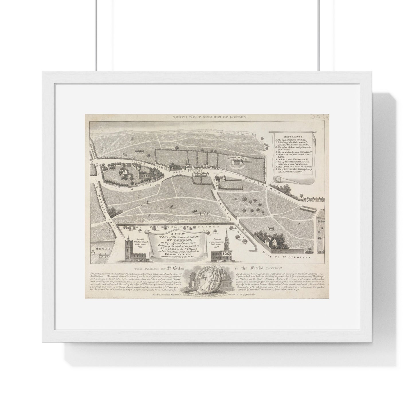 Antique Map of the Parish of St Giles in the Fields, London (1818), from the Original, Framed Art Print