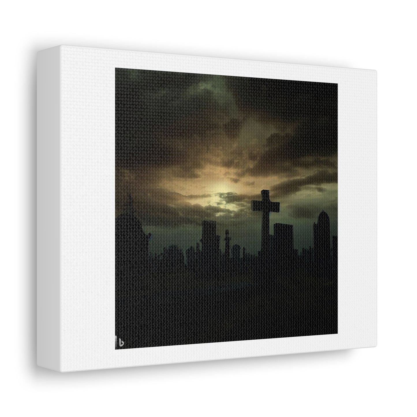 Sunset On a Cemetery, Dark, Dreary, Gloomy by Greg Rutkowski 'Designed by AI' Print on Satin Canvas