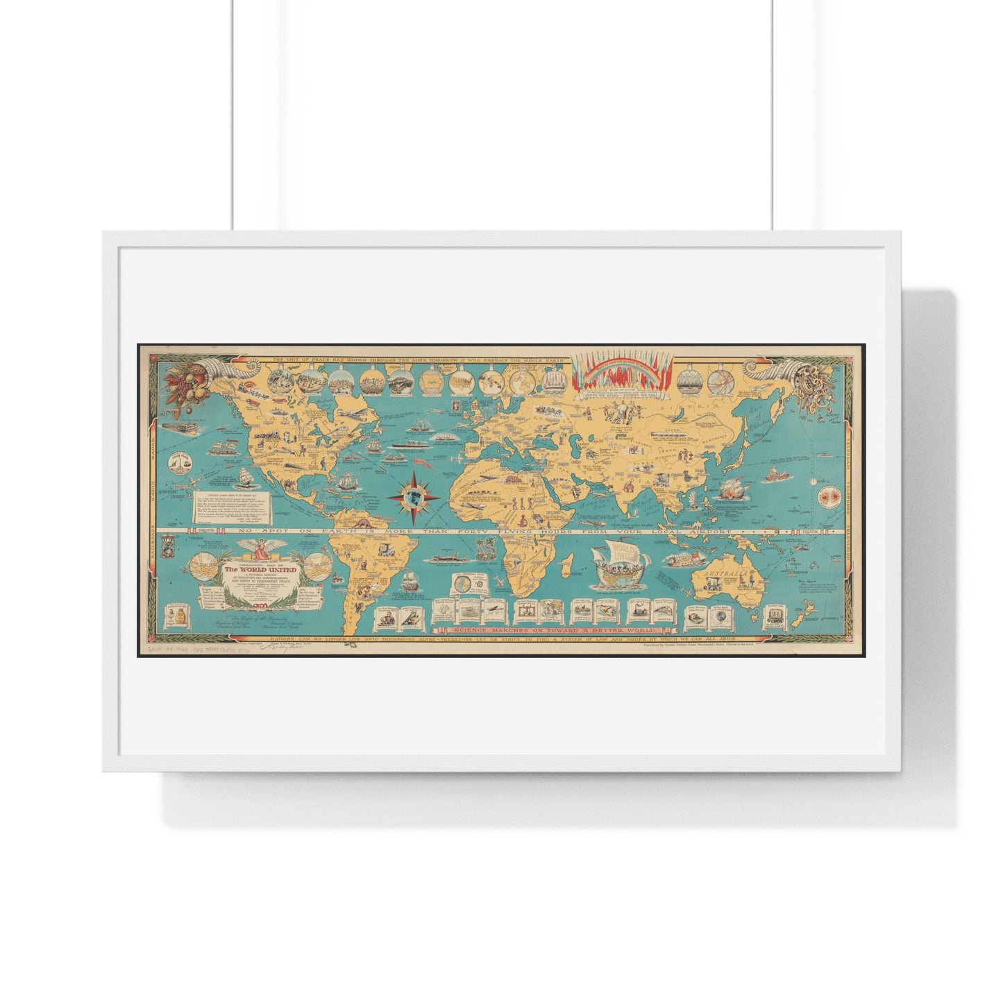 Mercator Map of the World United: A Pictorial History of Transport and Communications and Paths to Permanent Peace (1944), from the Original, Framed Art Print