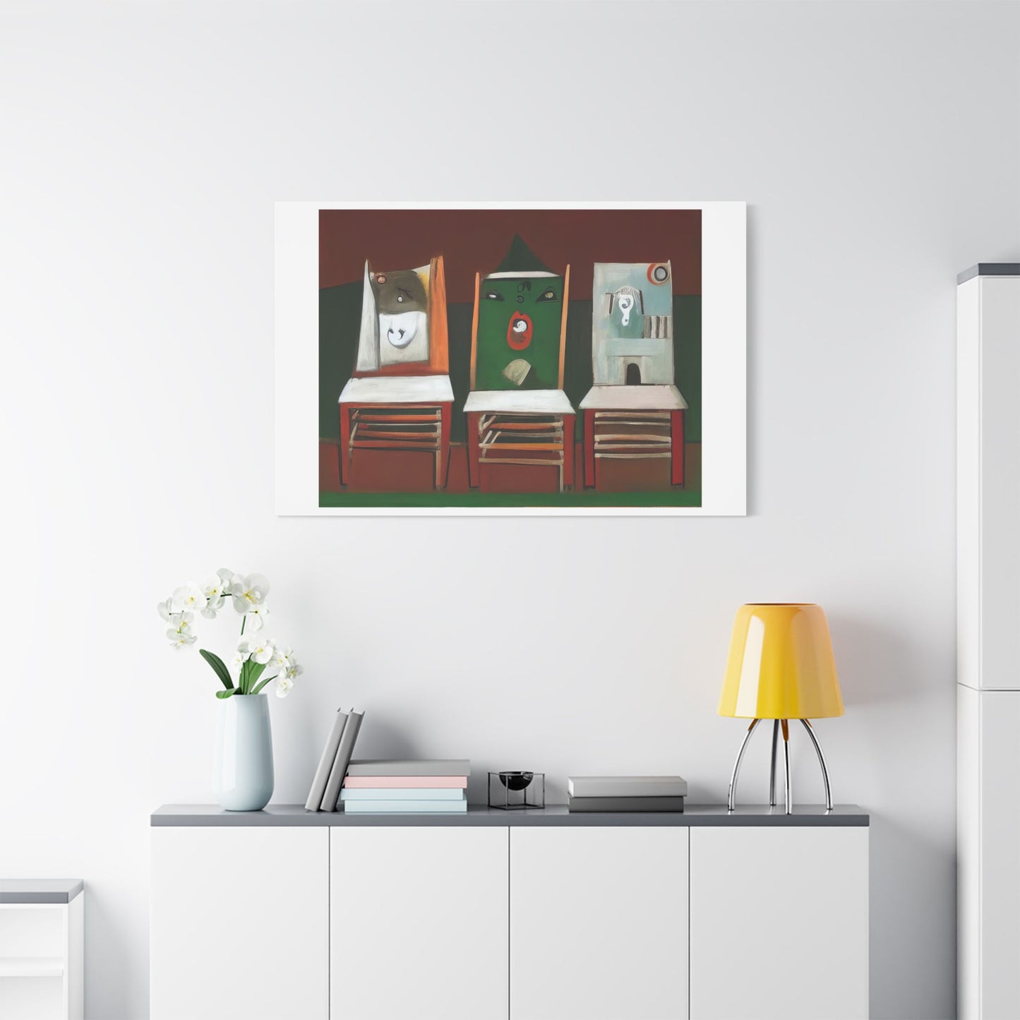 Birds and Chairs, Abstract Art 'Designed by AI' Print on Canvas