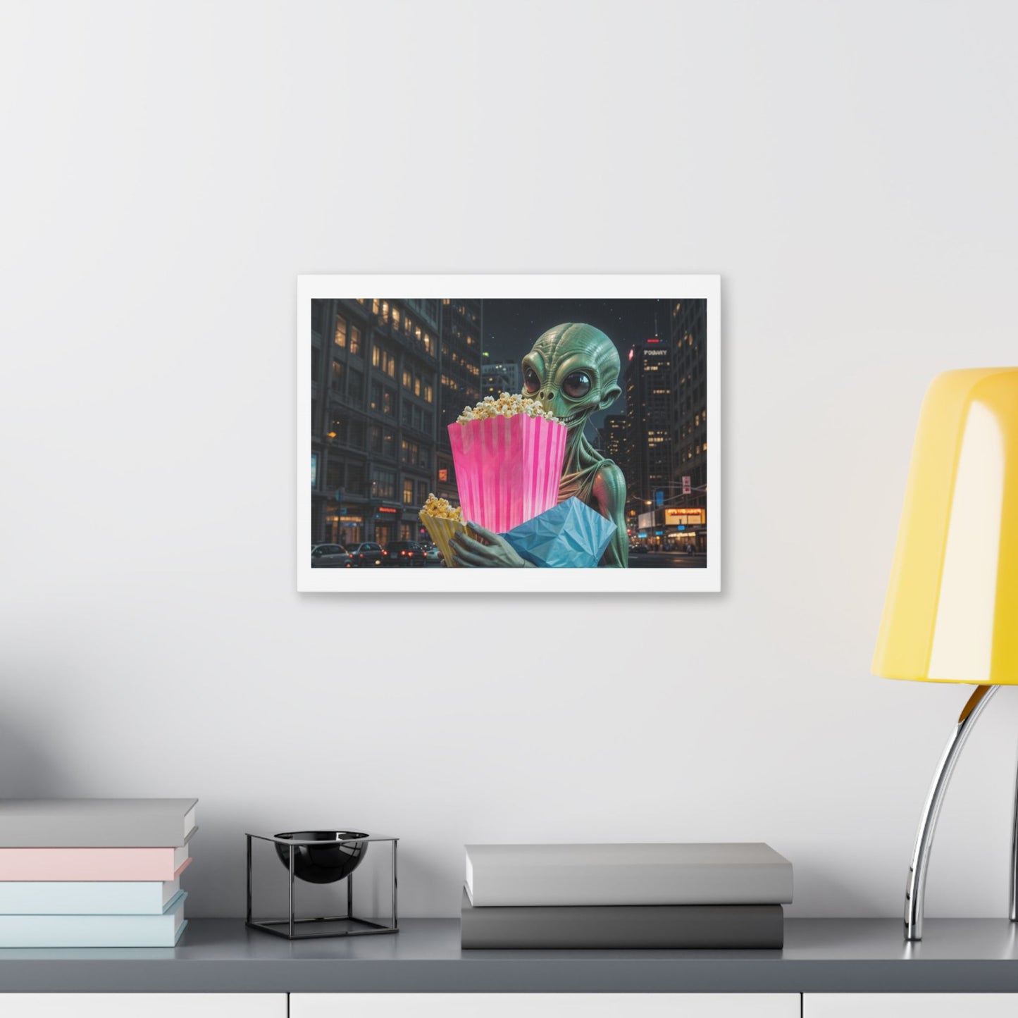 Alien Watching the Planet Earth Show 'Designed by AI' Satin Canvas Art Print