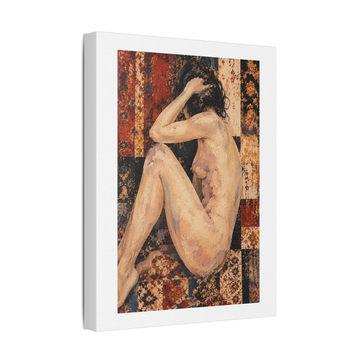 Textured Contemplative Figure Against Ornate Tapestry, Art Print on Satin Canvas, Stretched