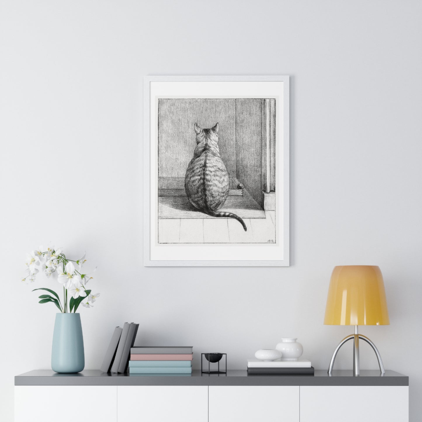 Sitting Cat From Behind (1812) Drawing by Jean Bernard, from the Original, Framed Print