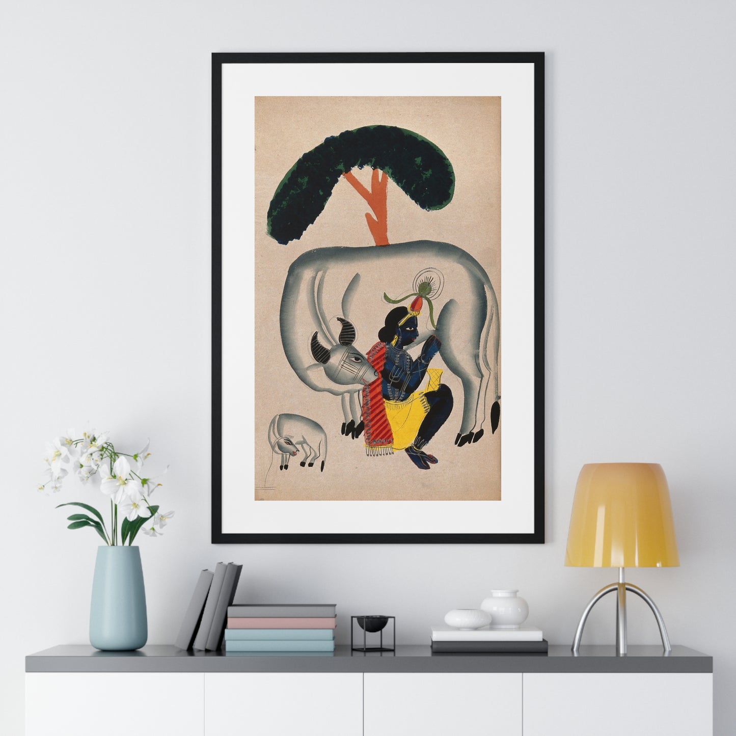 Krishna Milking a Cow While the Calf Looks, Watercolour Drawing, from the Original, Framed Art Print